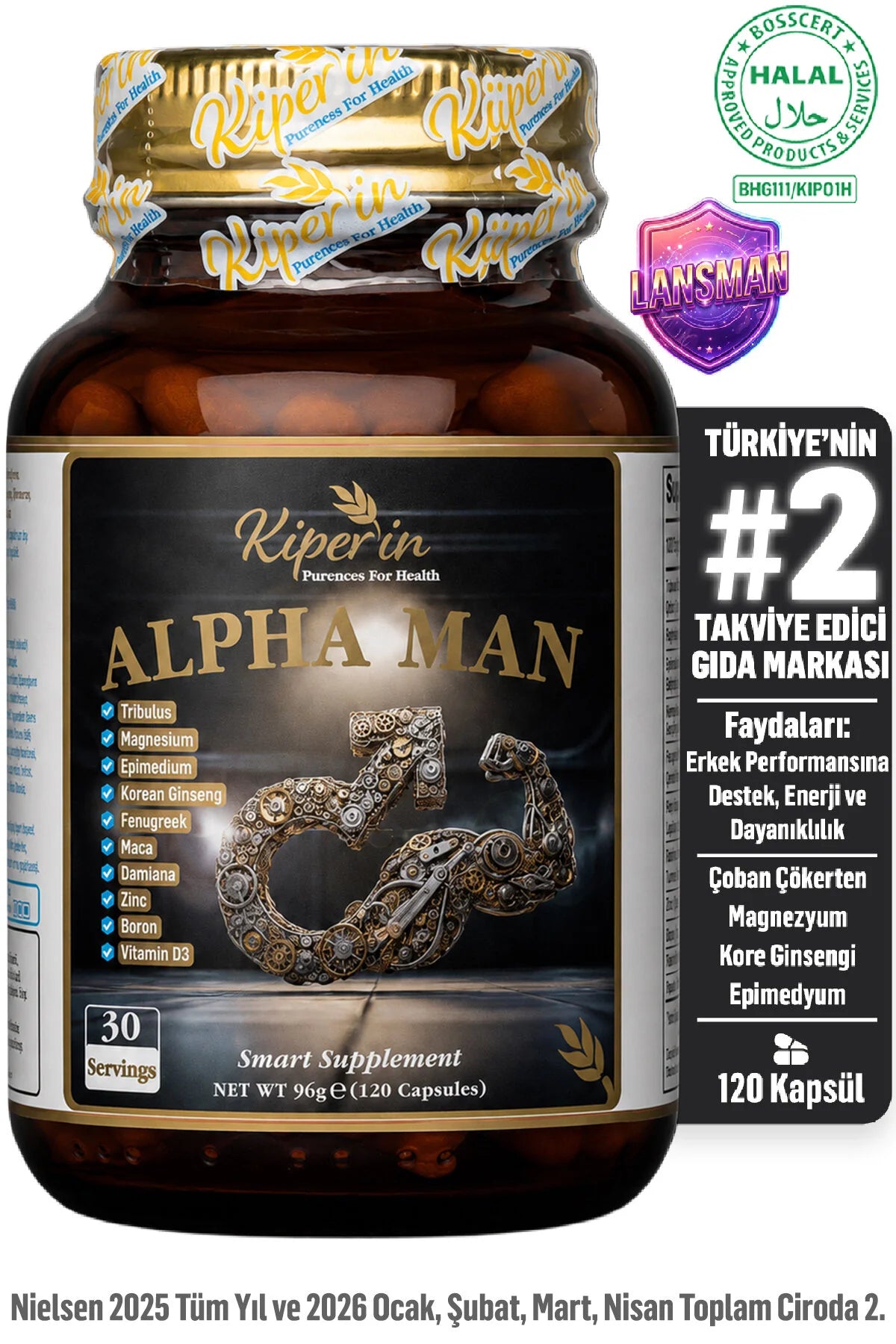 Kiperin Alpha Man – Voedingssupplement met Tribulus, Maca, Koreaanse Ginseng, Epimedium, Magnesium, Zink & Vitamine D3 – 120 Capsules