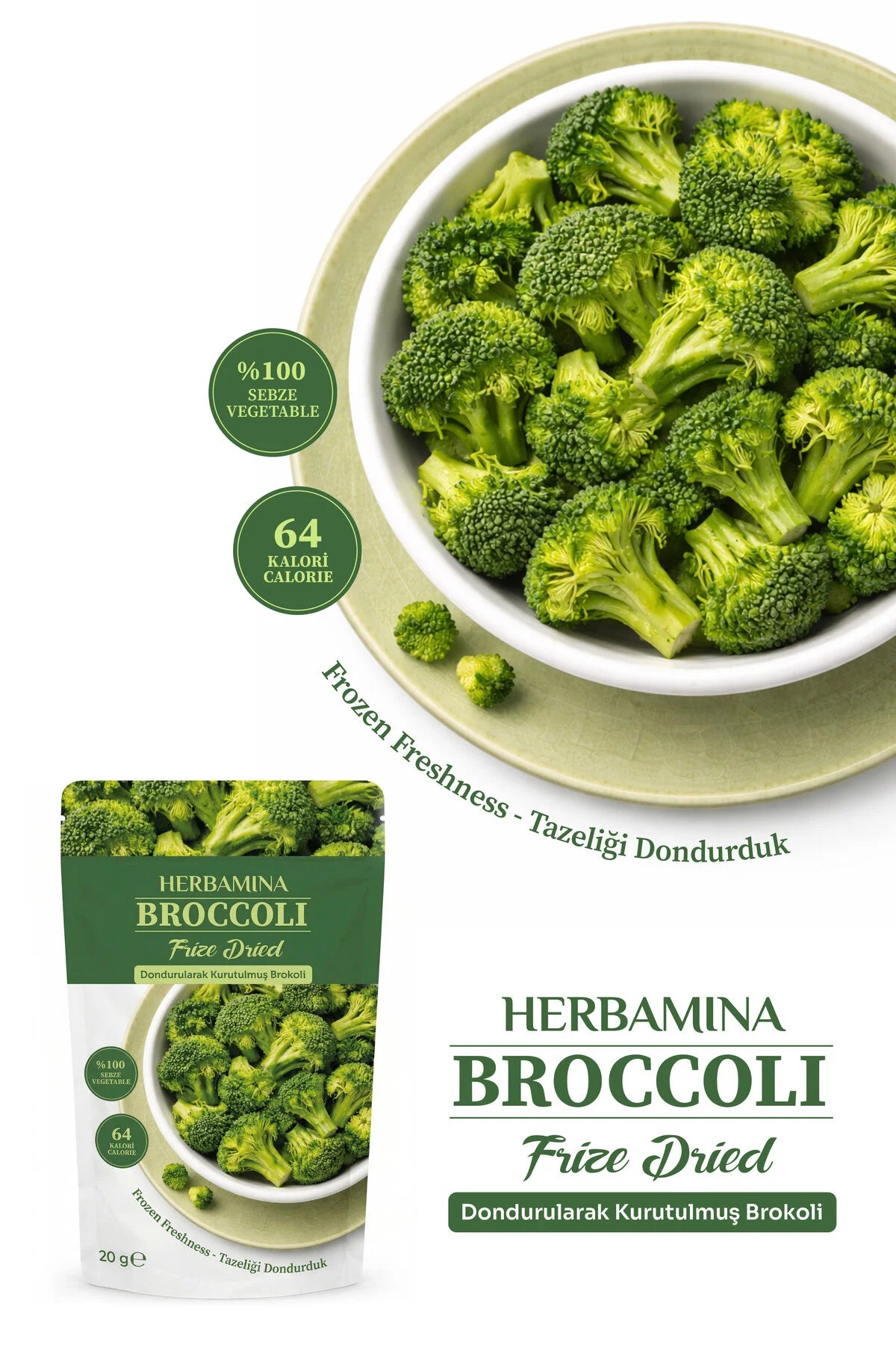 Herbamina Gevriesdroogde Broccoli 20g – 100% Broccoli – Freeze Dried Groentesnack – Vegan – Zonder Toegevoegde Suiker