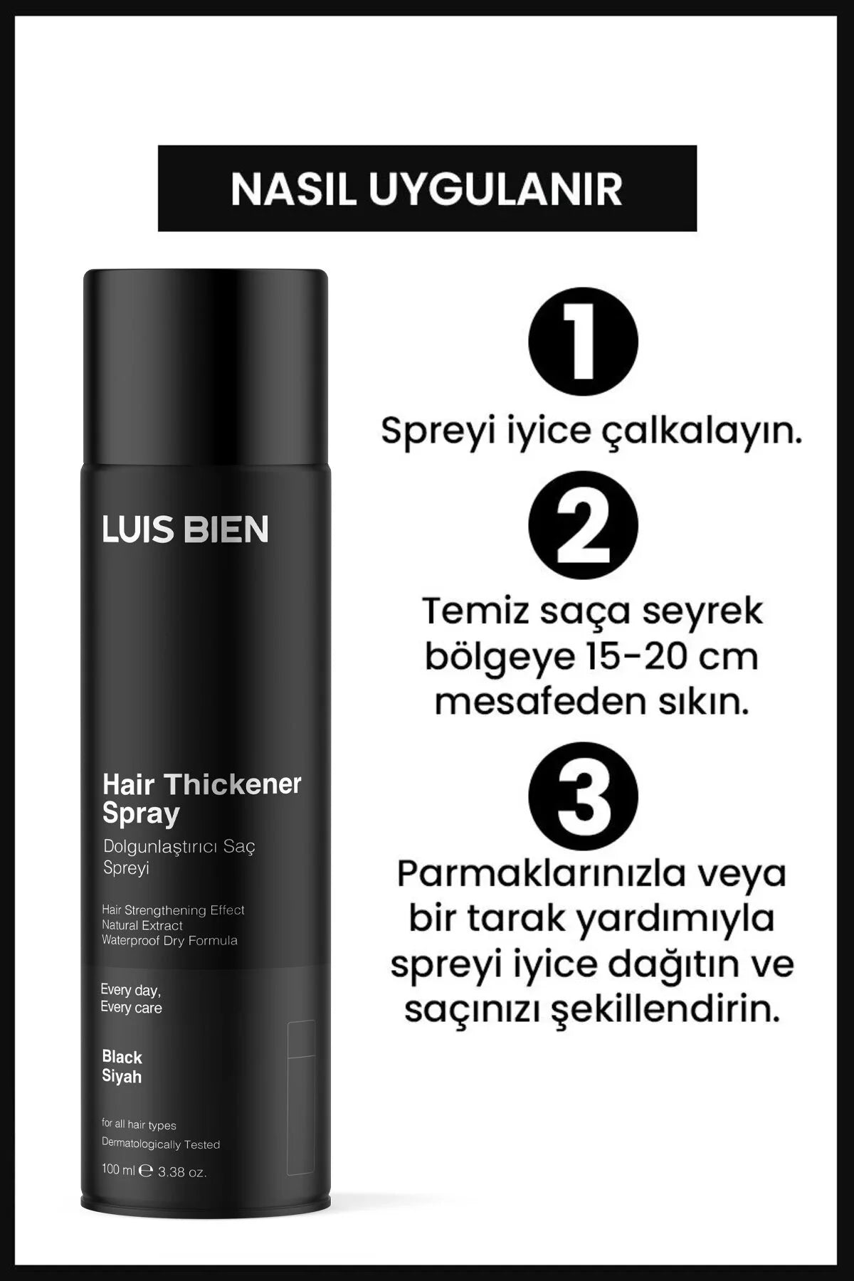 Luis Bien Hair Thickener Spray Black - Haardikkingsspray voor Dun Haar - Volumizing Hair Spray Black - Concealer voor dun haar & direct een volle look - Natuurlijk vol effect in 30 Seconden - Waterbestendig & Langdurig - Dermatologisch getest -100 ml