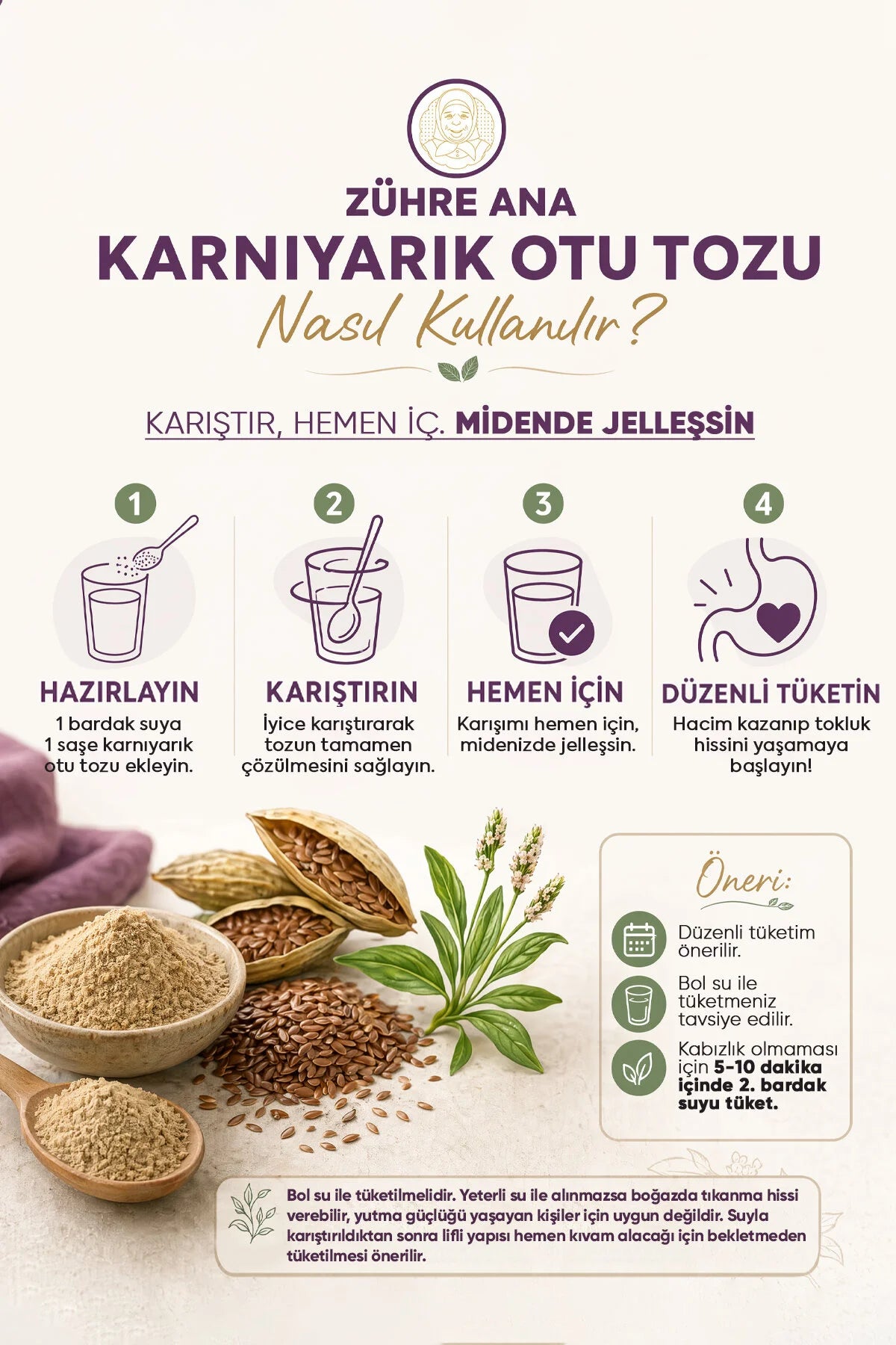 Zühre Ana Psyllium Husk Powder – Karnıyarık Otu Tozu – Yüksek Lif – Vegan – 30 Sachets x 5 g