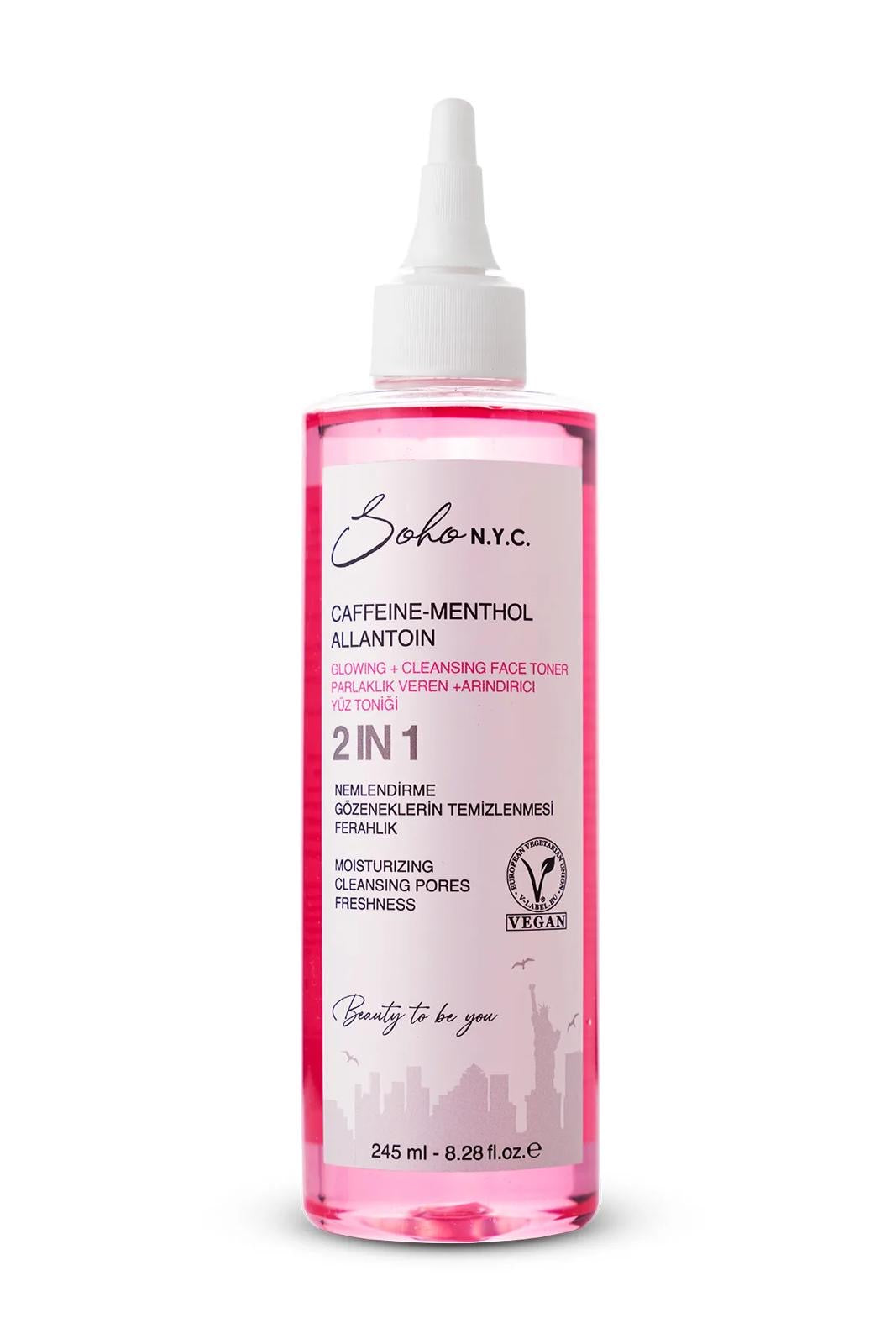 Soho NYC Face Tonic Caffeine-Menthol Allantoin 2in1 Vegan - Moisturizing - Cleansing Pores - Freshness - Gloeiende + Reinigende Gezichtstonic - Verhelderende en Zuiverende Tonic - Hydraterend - Reiniging van poriën - Frisheid - Alle huidtypen 245 ml