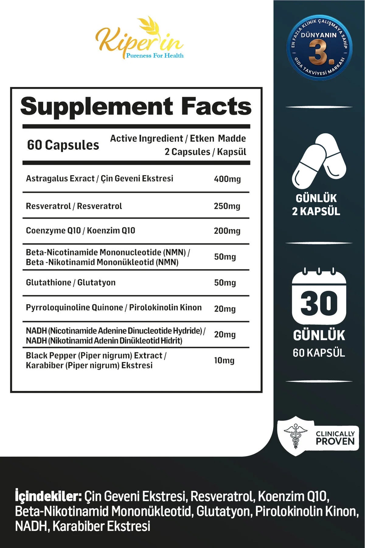Kiperin Elixea Smart Supplement – Astragalus, Resveratrol, Co-enzym Q10, NMN, Glutathion, NADH & PQQ – 60 Capsules