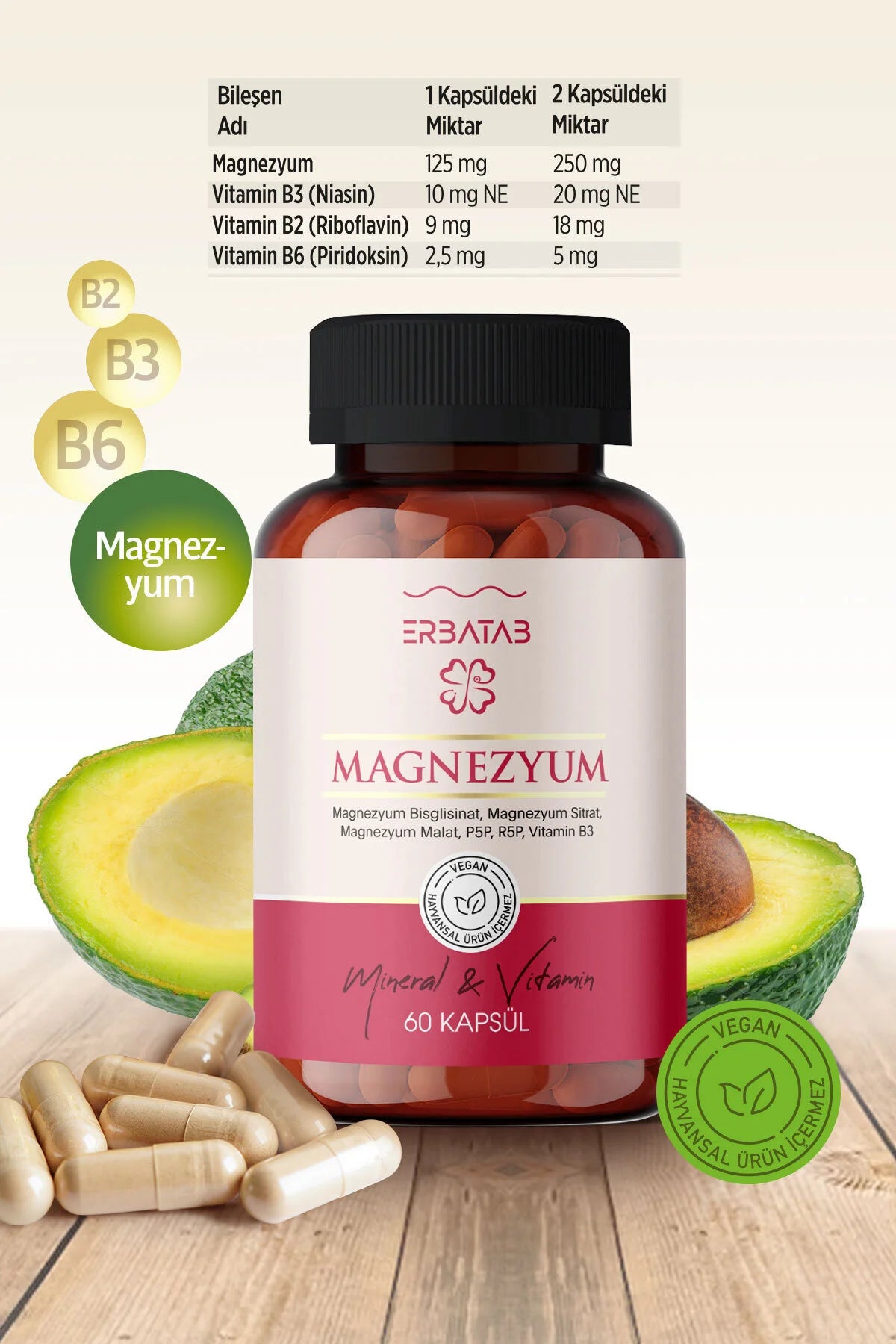 Erbatab Magnesium Complex – 60 Vegan Capsules – Magnesium Bisglycinaat, Malaat, Citraat, Vitamine B3 & B6