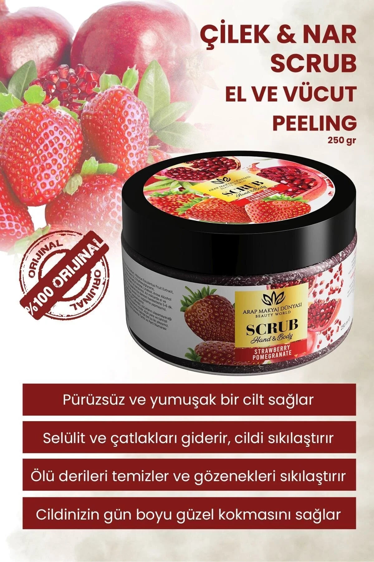 Arap Makyaj Dünyası Hand & Body Scrub Strawberry Pomegranate 250 ml – Lichaamsscrub met Aardbei & Granaatappel