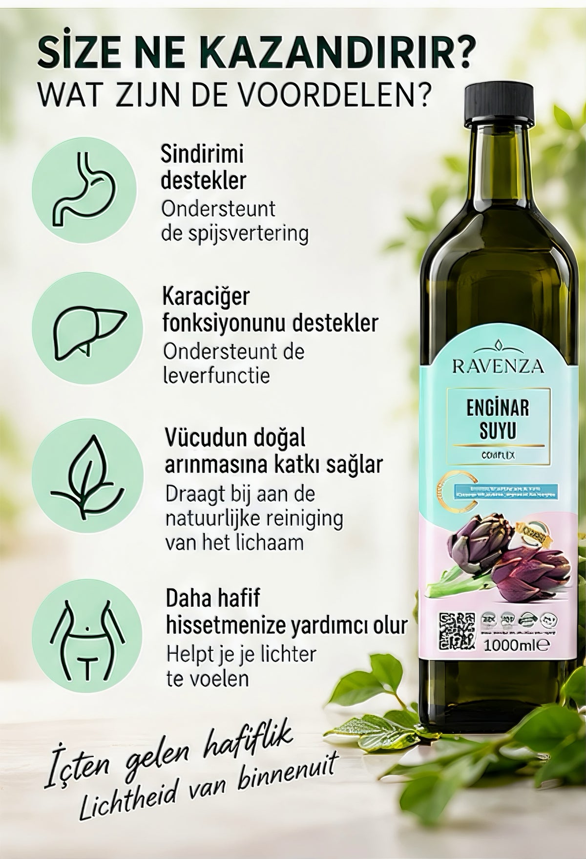 Ravenza Enginar Suyu Complex – Artisjokwater – Geconcentreerde Drank – Zonder Conserveringsmiddelen & Toevoegingen – 1000 ml