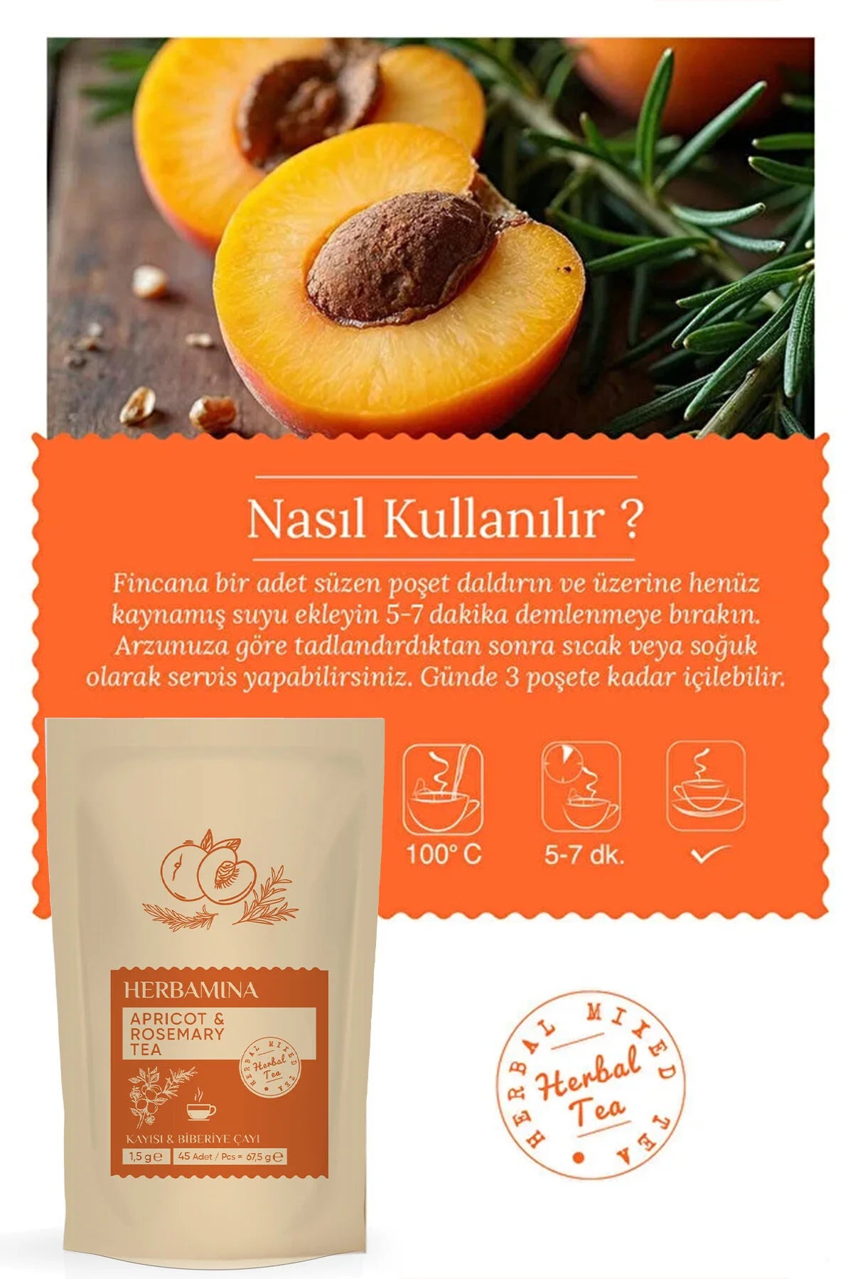 Herbamina Thee Abrikoos & Rozemarijn Gemengde Kruidenthee 45 theezakjes