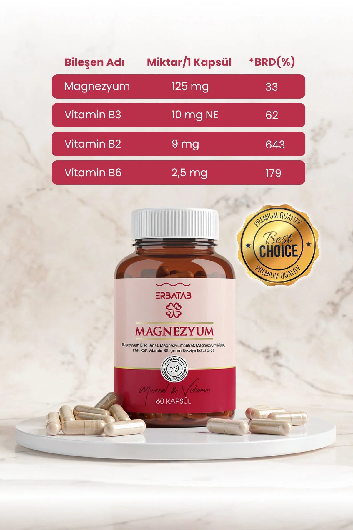 Erbatab Magnesium Complex 60 Capsules | Bisglycinaat, Citraat & Malaat | Met Vitamine B2, B3 & B6 | Vegan