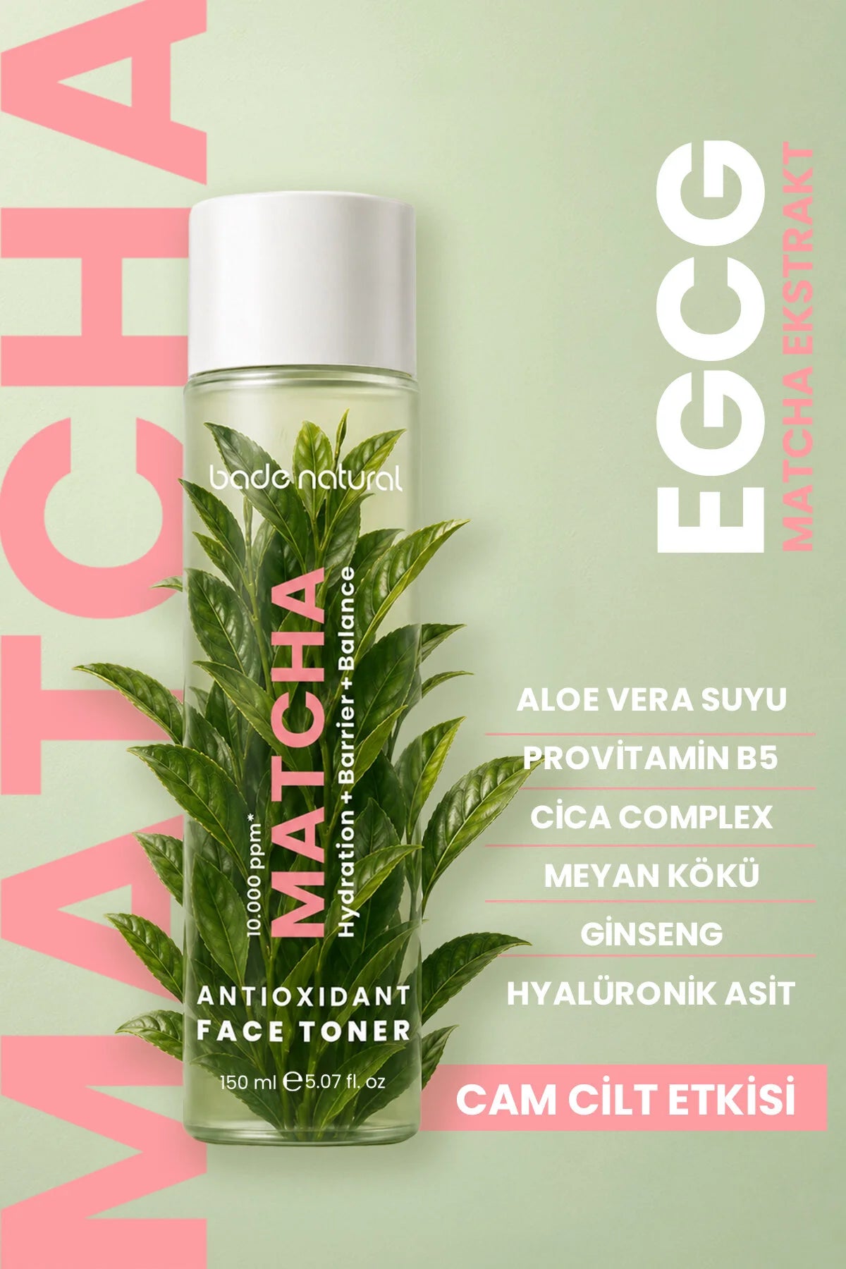 Bade Natural Matcha Antioxidant Face Toner 150 ml | Hydratatie & Huidbarrière Ondersteuning | Alcoholvrij & Vegan