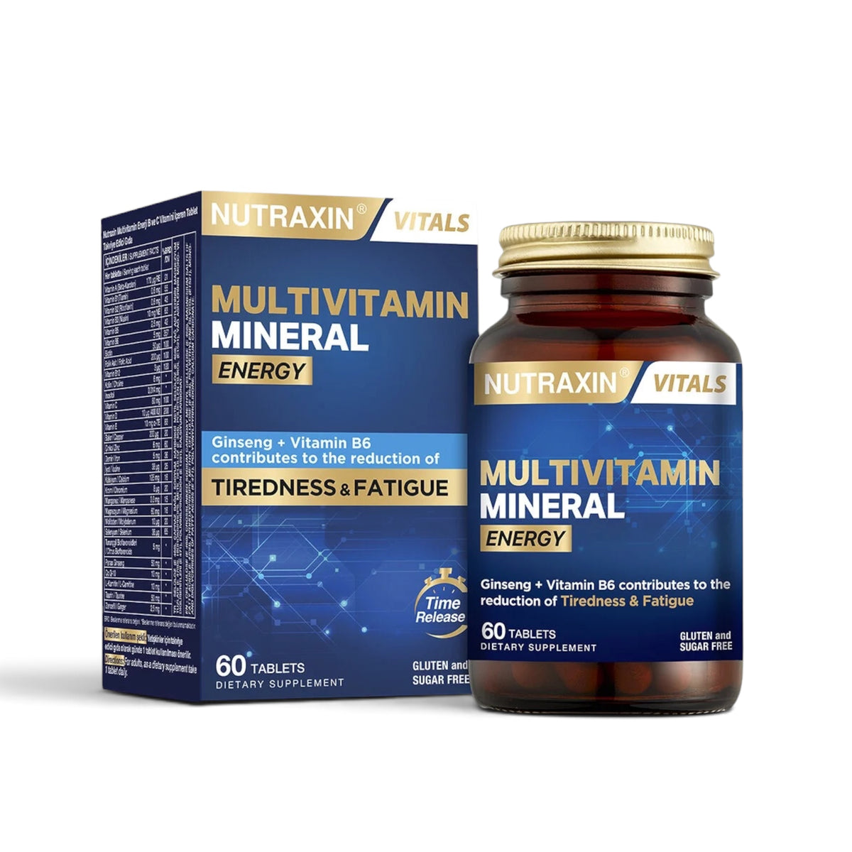 Nutraxin Vitals Multivitamin Mineral Energy – Multivitaminen & Mineralen met Ginseng, Q10 en L-Carnitine – Time Release – 60 Tabletten