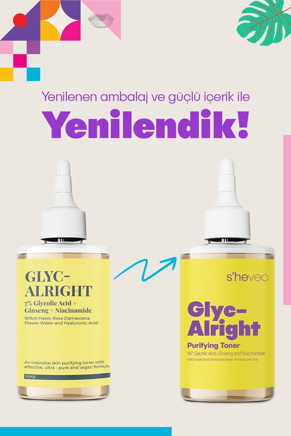 SHE VEC - GLYC ALRIGHT | Poriënverstrakking | anti-puistjes | Ginseng | Tonic voor de hele huid | 200 (ml.) |
