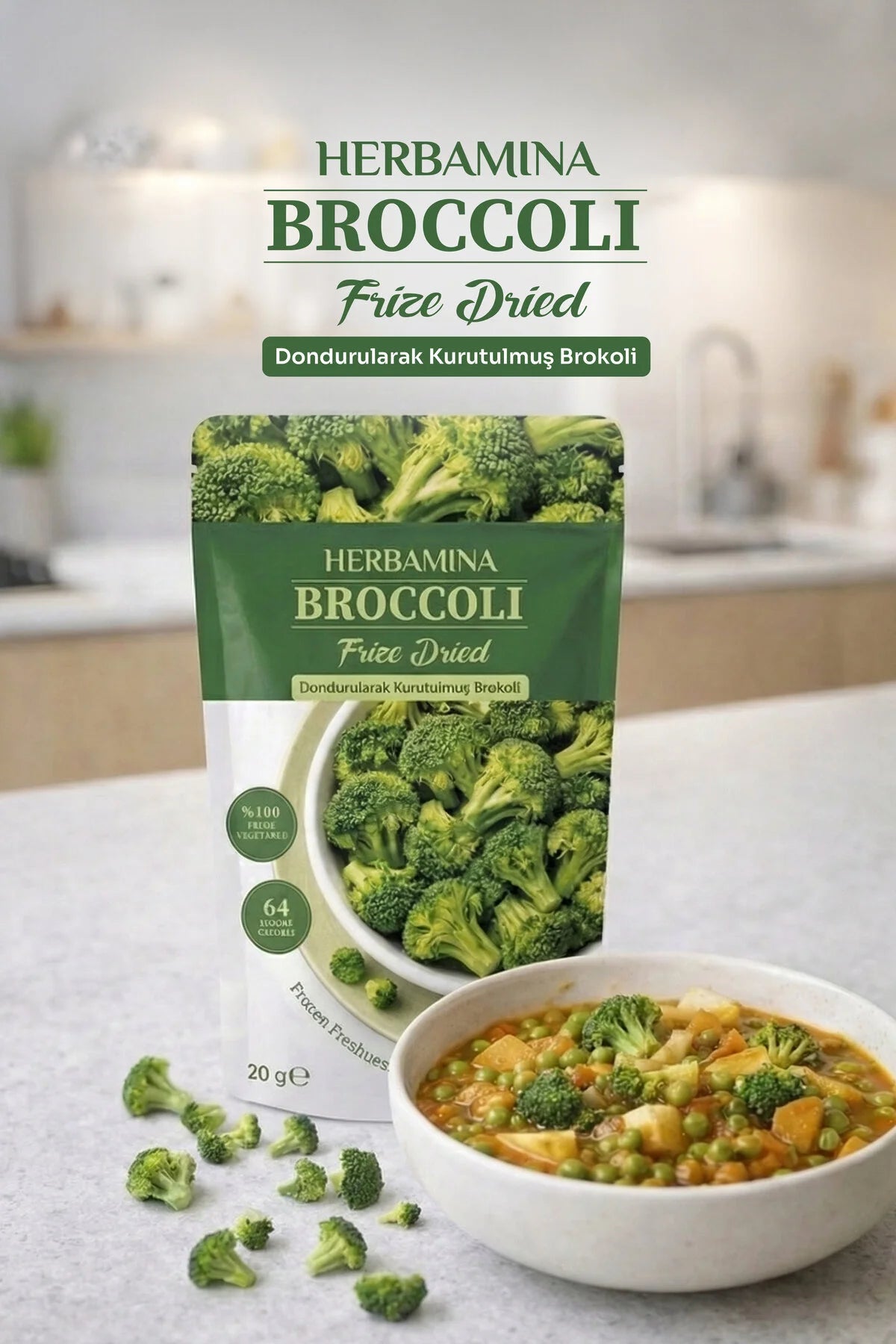 Herbamina Gevriesdroogde Broccoli 20g – 100% Broccoli – Freeze Dried Groentesnack – Vegan – Zonder Toegevoegde Suiker