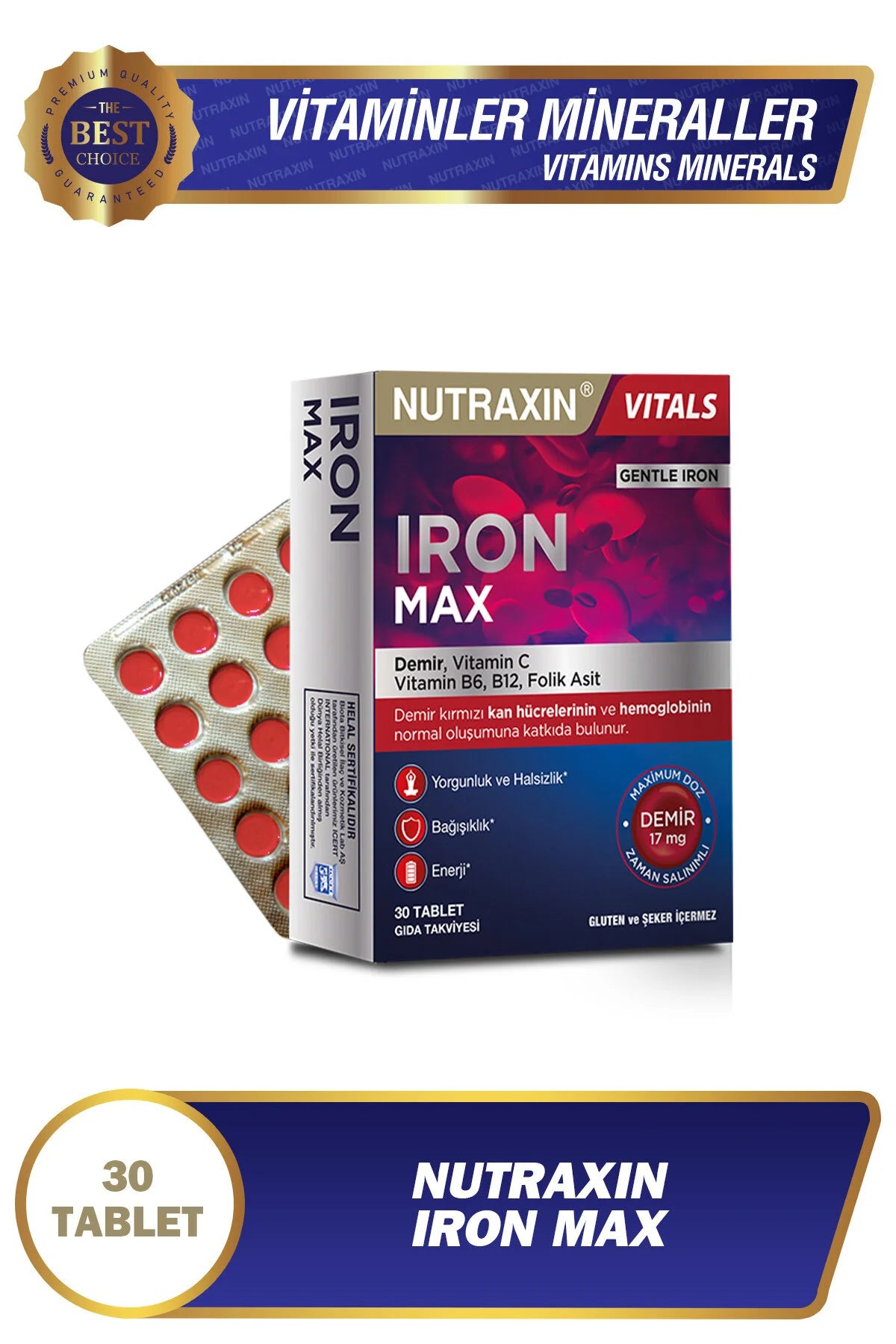 Nutraxin Vitals Iron Max – IJzer 17 mg met Vitamine C, B6, B12 & Foliumzuur – Gentle Iron – 30 Tabletten