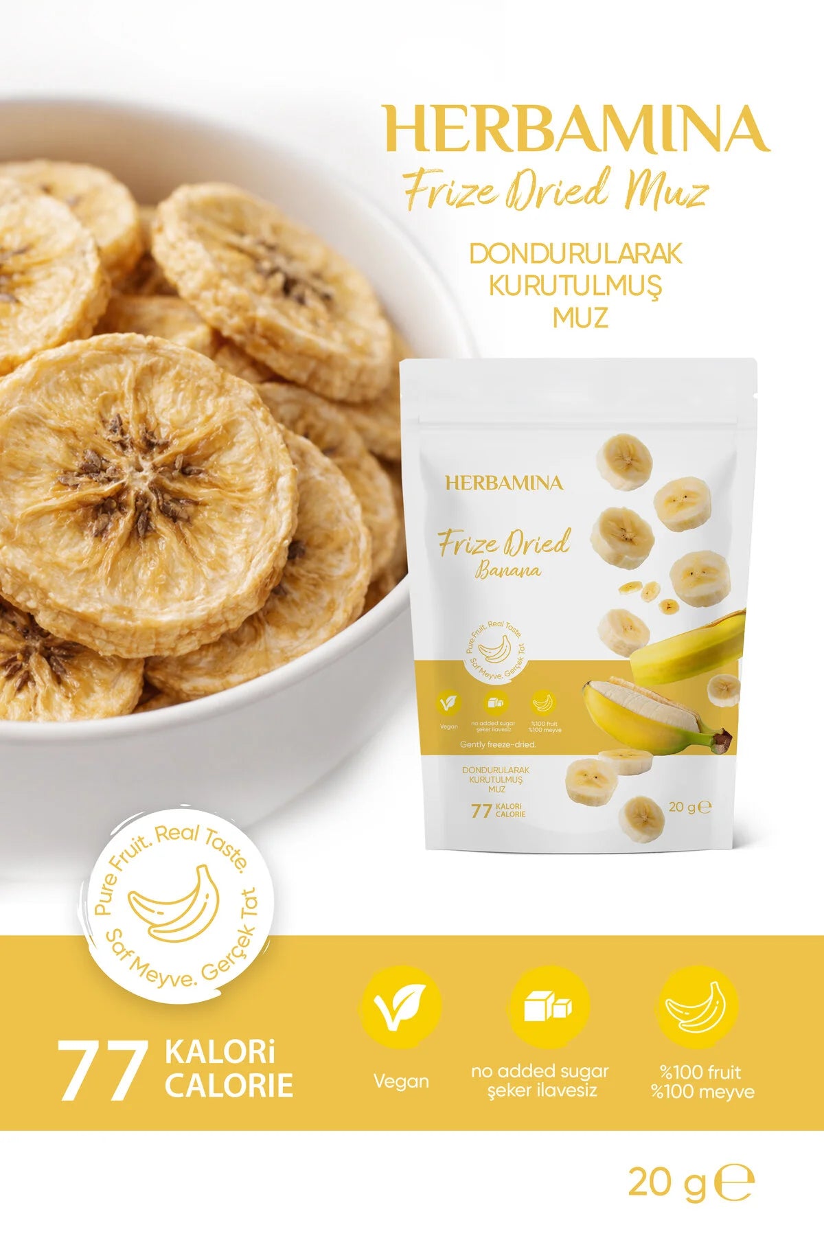 Herbamina Gevriesdroogde Banaan 20g – Freeze Dried Banaan Snack 20g – 100% Fruit – Knapperige Fruit Chips – Vegan & Zonder Toegevoegde Suiker