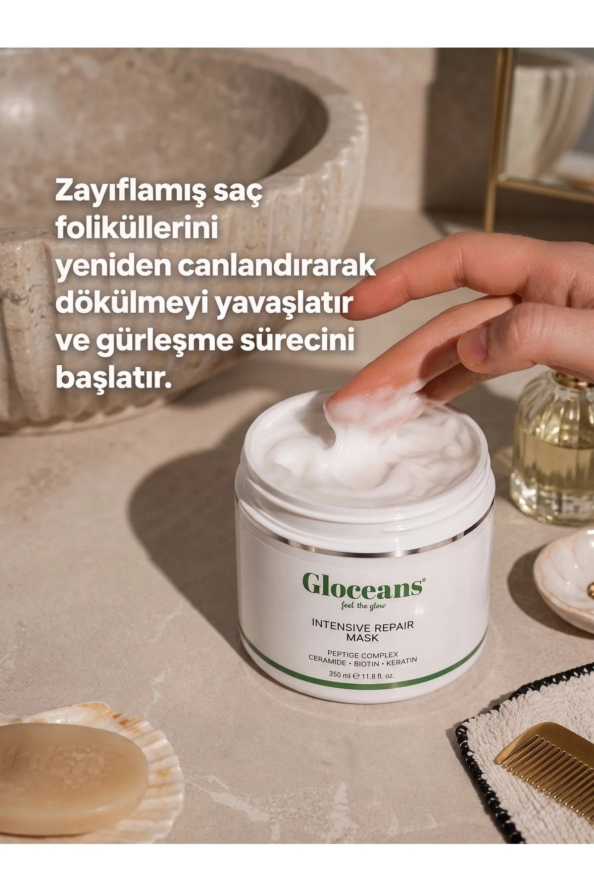 Gloceans Intensive Repair Mask – Herstellend Haarmasker met Peptide Complex, Ceramide, Biotine & Keratine – Voor Beschadigd en Droog Haar – 350 ml