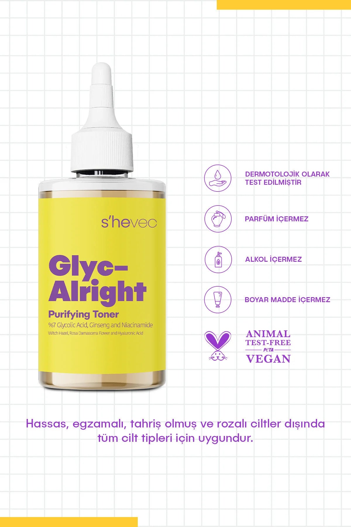 SHE VEC - GLYC ALRIGHT | Poriënverstrakking | anti-puistjes | Ginseng | Tonic voor de hele huid | 200 (ml.) |