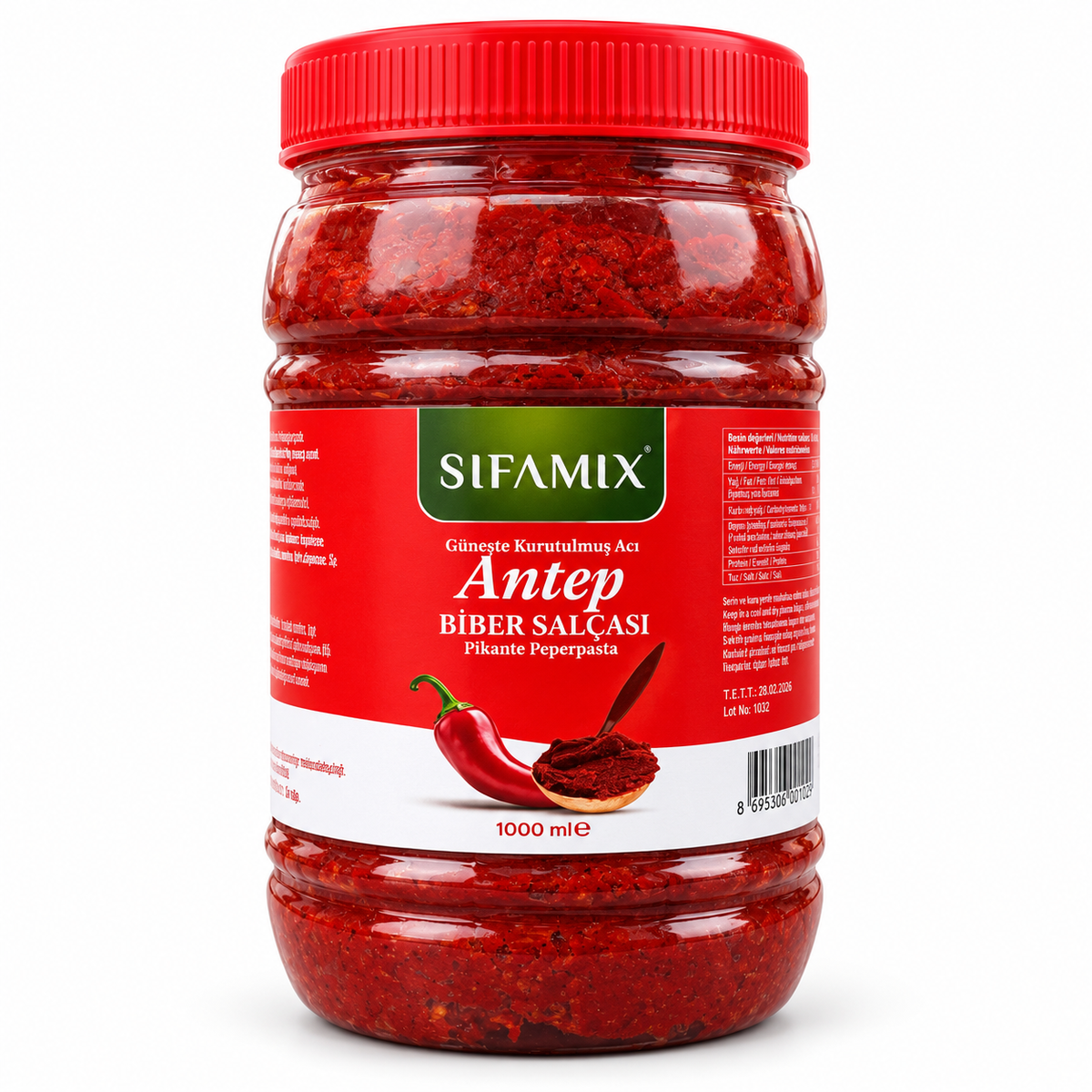 Şifamix Antep Pikante Peperpasta – Zongedroogde Hete Paprikapasta – Met Hete Peper & Zout – 1000 ml