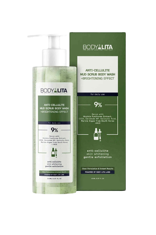 BodyLita Anti-Cellulite Permanente oplossing voor cellulitis met 9% Serum Mud Scrub Body Wash Gel + Brightening (Verhelderend) Effect Schone formule & Directe resultaten - Aangedreven door Body Lita Labs - Vermindert cellulitis in 10 dagen - 150 ml