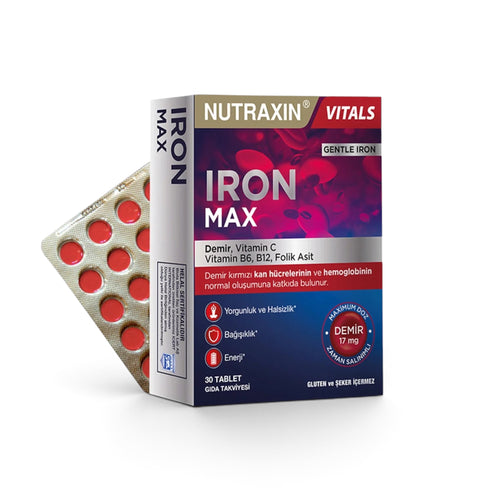 Nutraxin Vitals Iron Max – IJzer 17 mg met Vitamine C, B6, B12 & Foliumzuur – Gentle Iron – 30 Tabletten