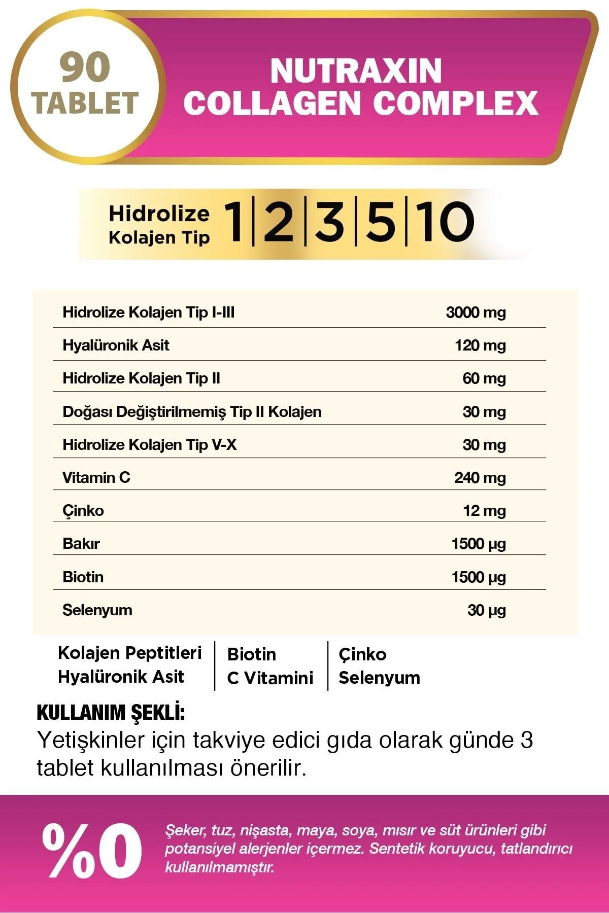 Nutraxin Beauty Collagen Complex – Collageen Type 1, 2, 3, 5 & 10 – met Hyaluronzuur, Biotine, Vitamine C, Zink & Selenium – 90 Tabletten