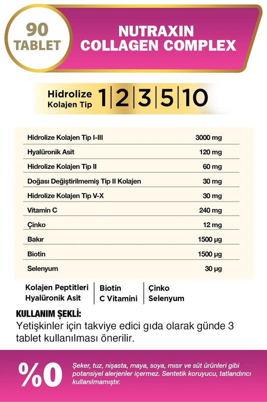Nutraxin Beauty Collagen Complex – Collageen Type 1, 2, 3, 5 & 10 – met Hyaluronzuur, Biotine, Vitamine C, Zink & Selenium – 90 Tabletten
