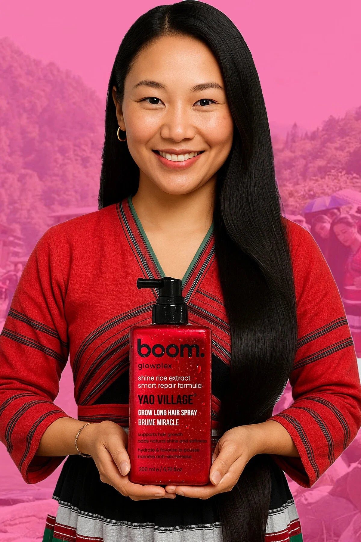Boom Glowplex Yao Village Spray - Haargroei Versterkende Spray - Met Gefermenteerde Yao Rijst / Lijnzaad & Kokosolie - Ter bevordering van haargroei & Ter voorkoming van haaruitval - Versterkend & Glansgevend - 200 ml