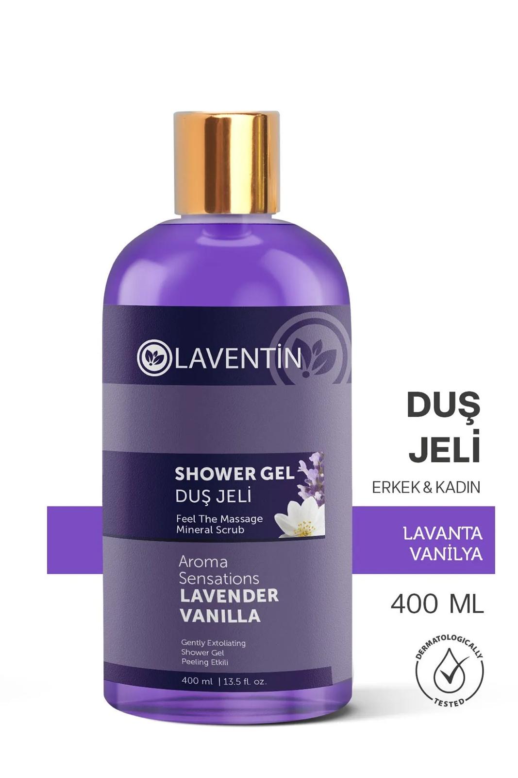 Laventin Shower gel Relax Feel the Massage Mineral Scrub - Verrijkt met Lavelder-Vanille aroma - Zuiverende Verfrissende Hydraterende Lavendel-Vanille Douchegel - Dermatologisch getest - 400 ml
