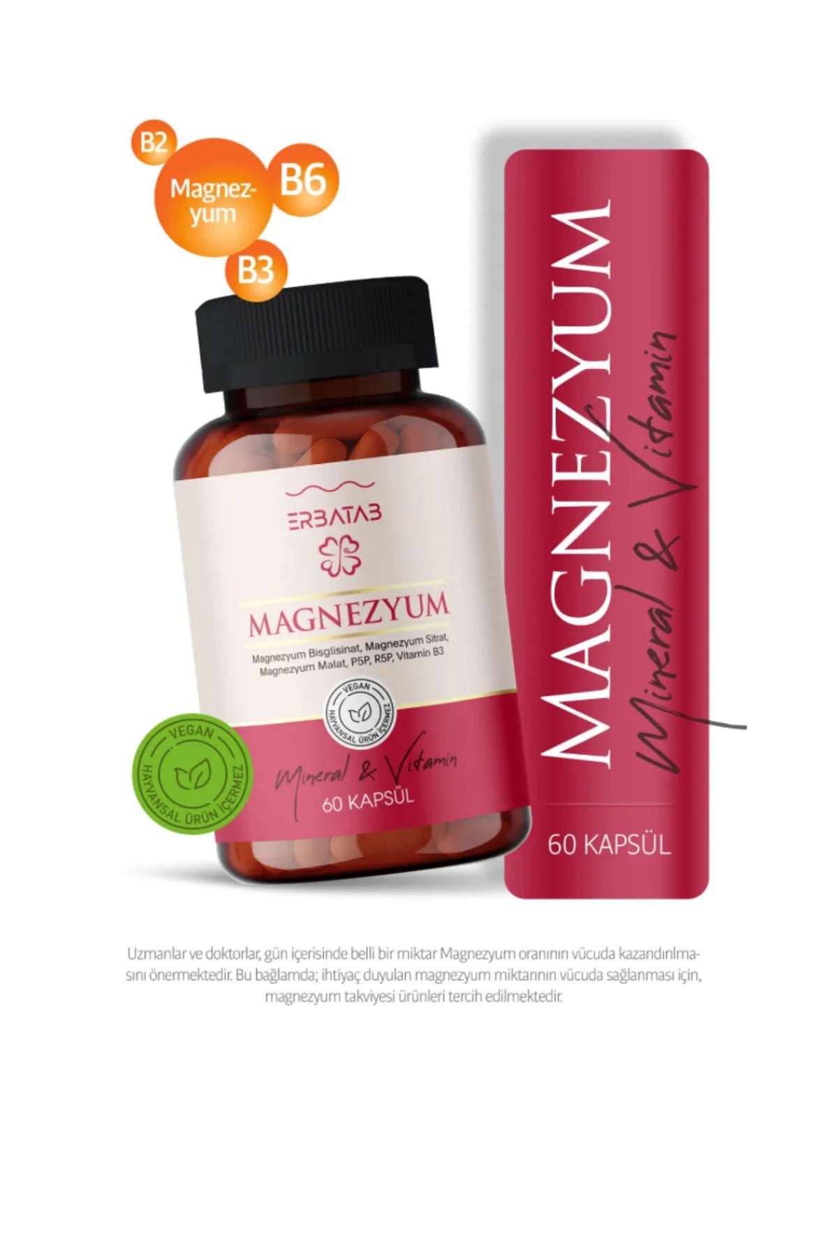 Erbatab Magnesium Complex – 60 Vegan Capsules – Magnesium Bisglycinaat, Malaat, Citraat, Vitamine B3 & B6