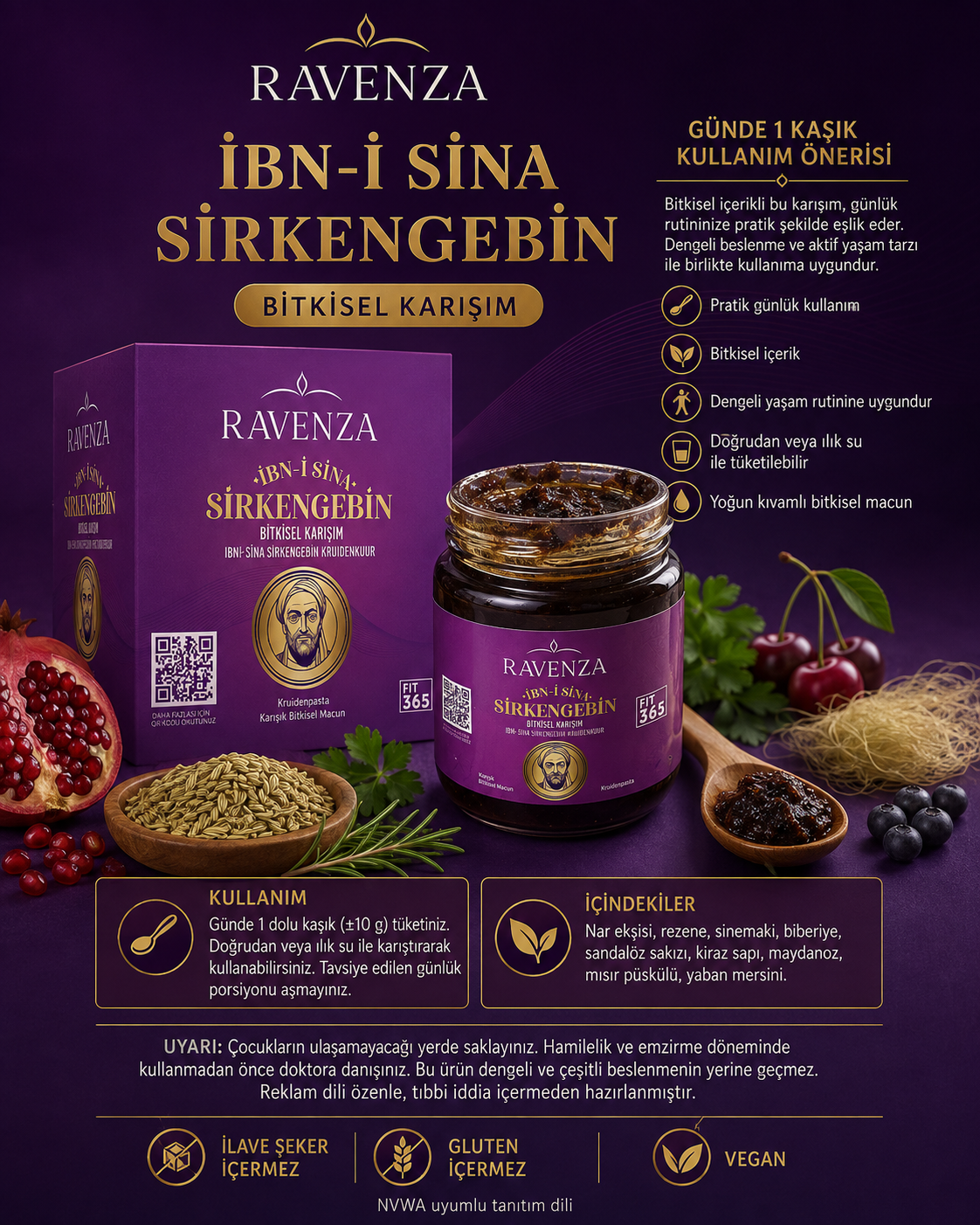 Ravenza İbn-i Sina Sirkencebin – Kruidenpasta met Granaatappelmelasse, Venkel, Rozemarijn, Chia & Quinoa – 240 g