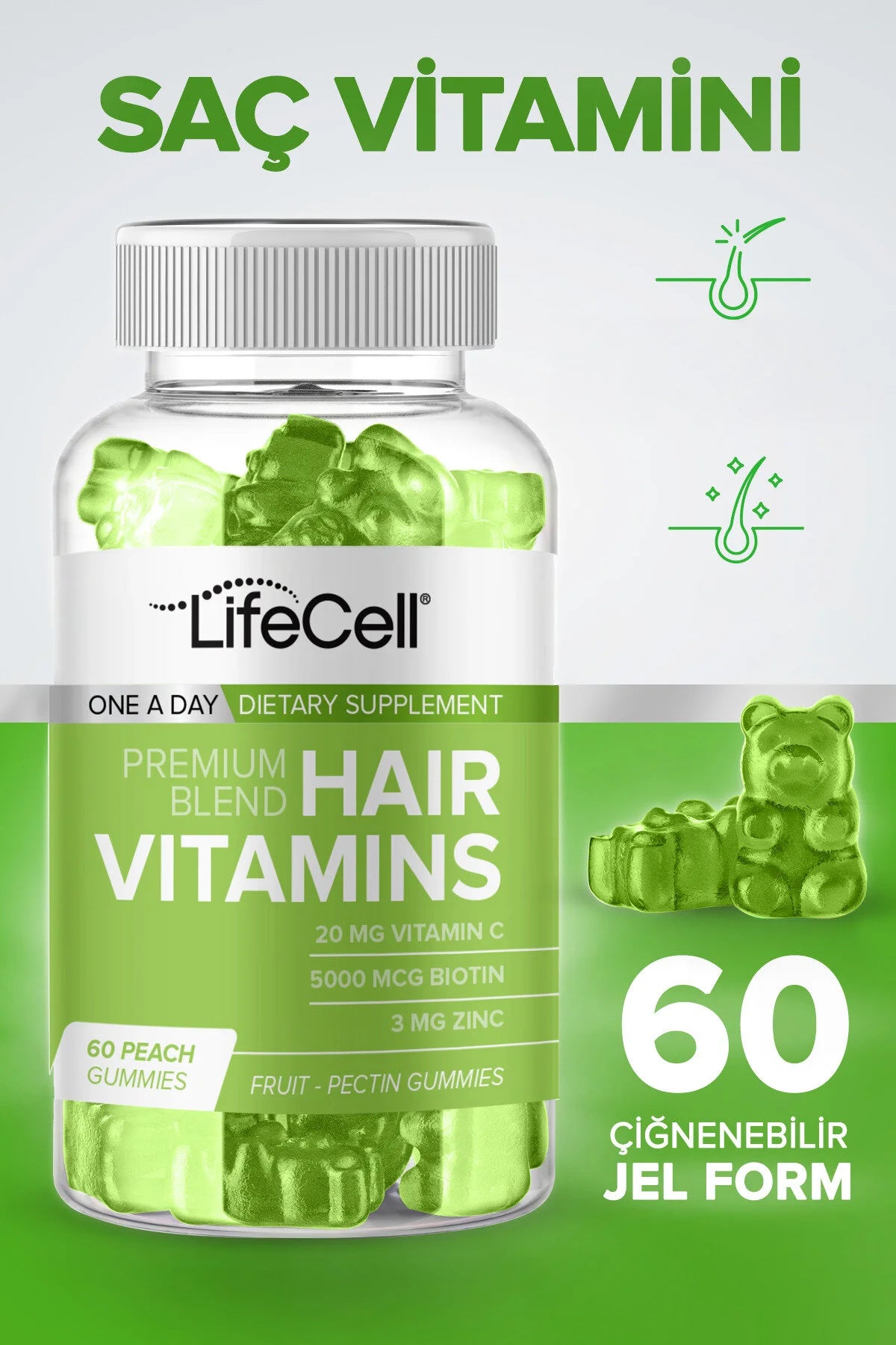 Lifecell Premium Hair Vitamins Gummies Perzik - 60 Gummies