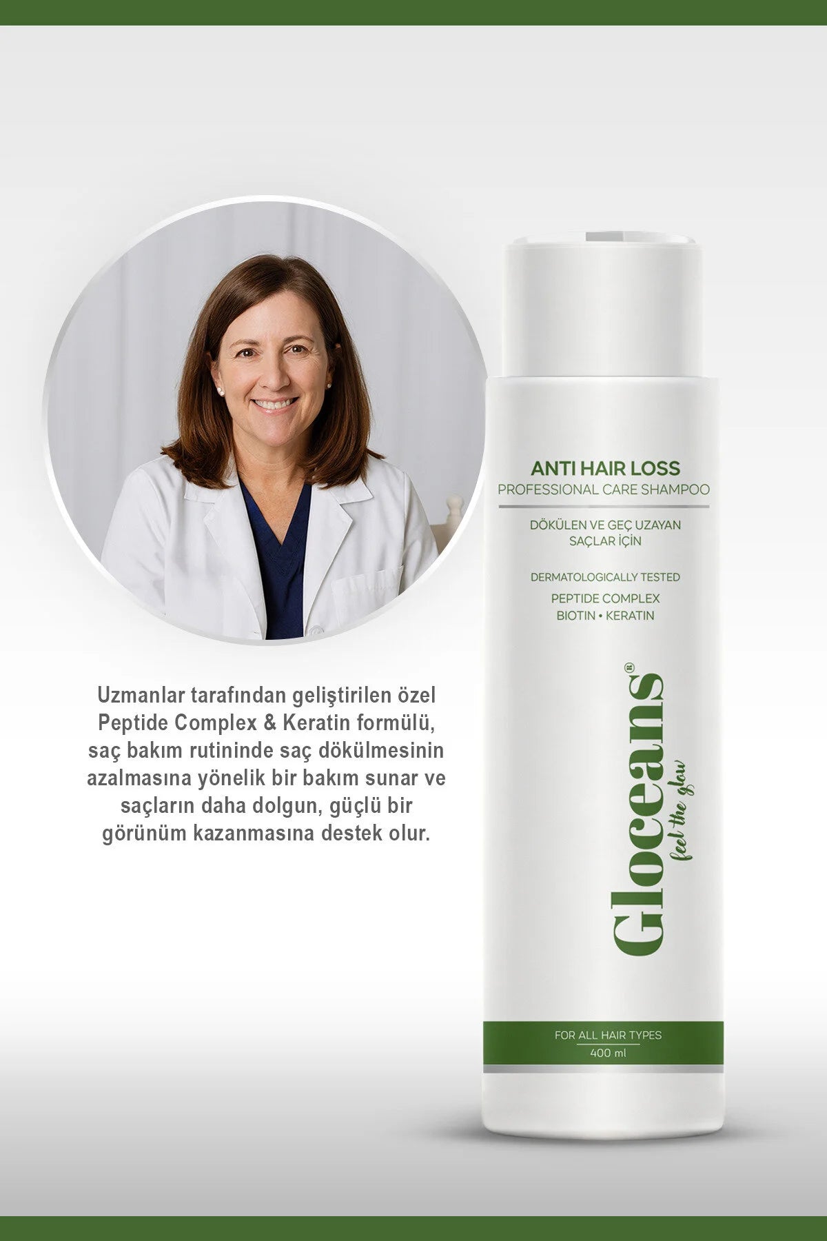 Gloceans Peptide Complex Shampoo met Biotine & Keratine - Versterkende Hoofdhuid- & Haarverzorging - Anti-Haaruitval - Snelle Haargroei - Herstellende - Voedende Shampoo - 400 ml