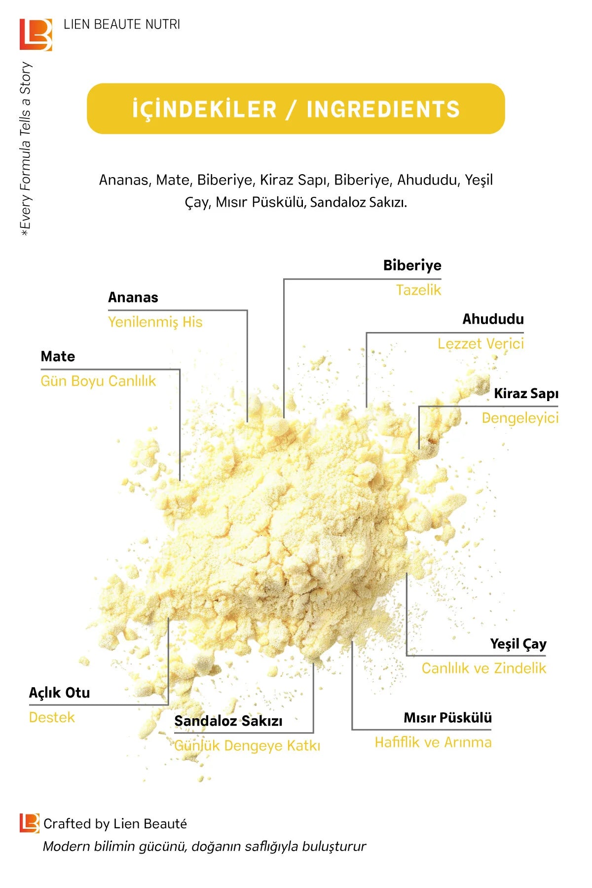 Lien Beauté Mixed Herbal Powder Ananas 90 g - Kruidenpoeder met Groene Thee & Mate - 30 Dagen Gebruik