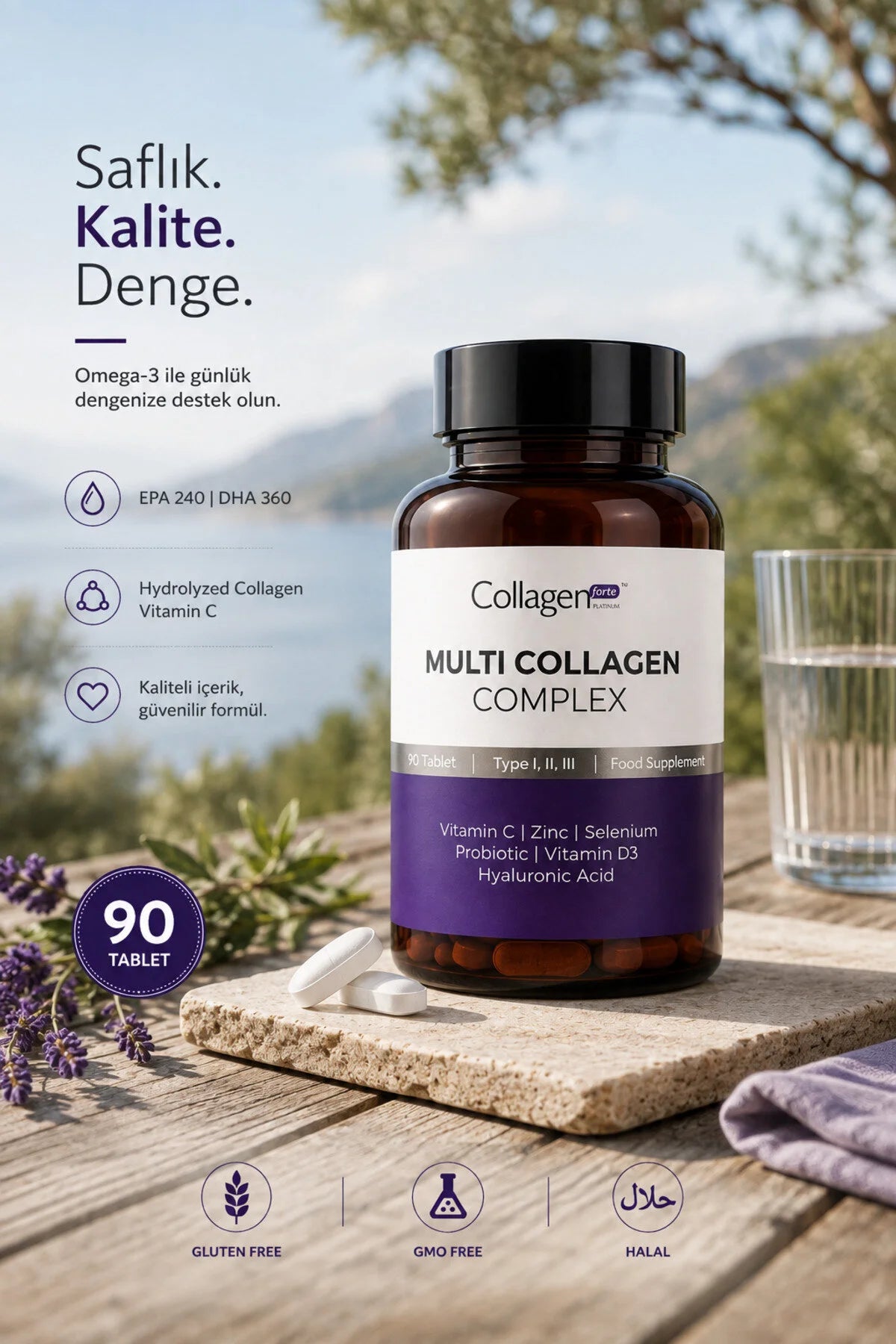 Collagen Forte Platinum Multi Collagen Complex – Type I, II & III – Vitamine C, D3, Zink, Selenium & Hyaluronzuur – 90 Tabletten