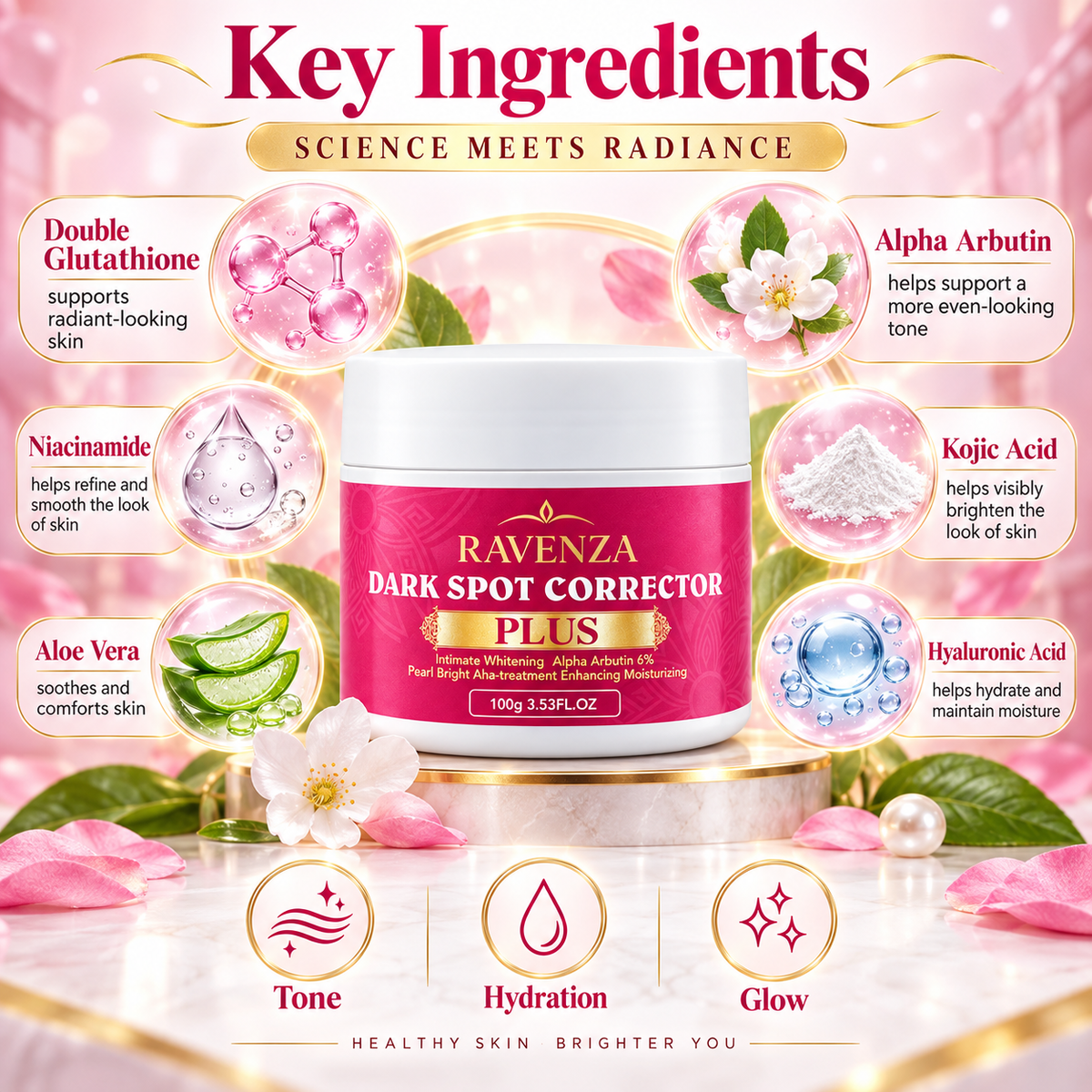 Ravenza Dark Spot Corrector Plus – Gezichtscrème met Alpha Arbutin 6%, Kojic Acid, Niacinamide, Glutathione & Hyaluronzuur – 100 g