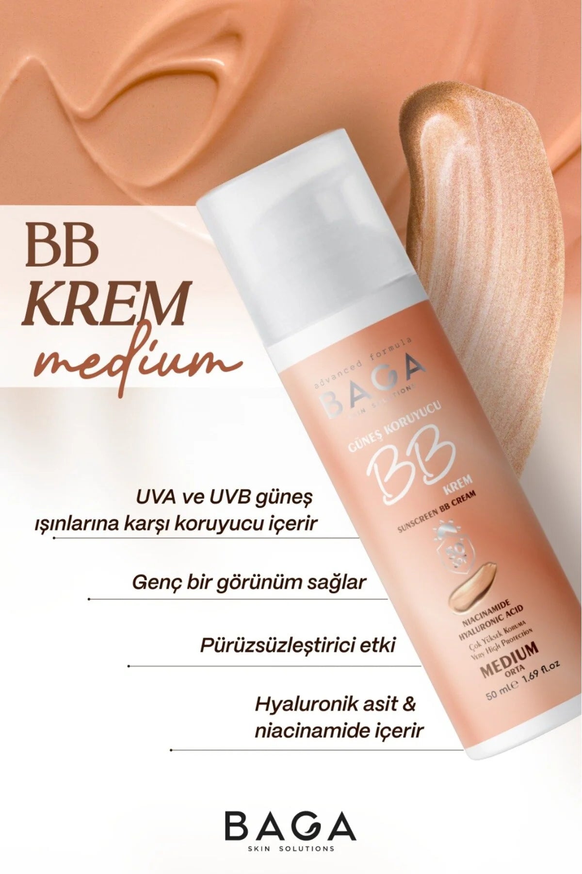 BAGA Sunscreen BB Cream SPF50 Medium – Getinte BB Cream met Hoge Zonbescherming 50ml