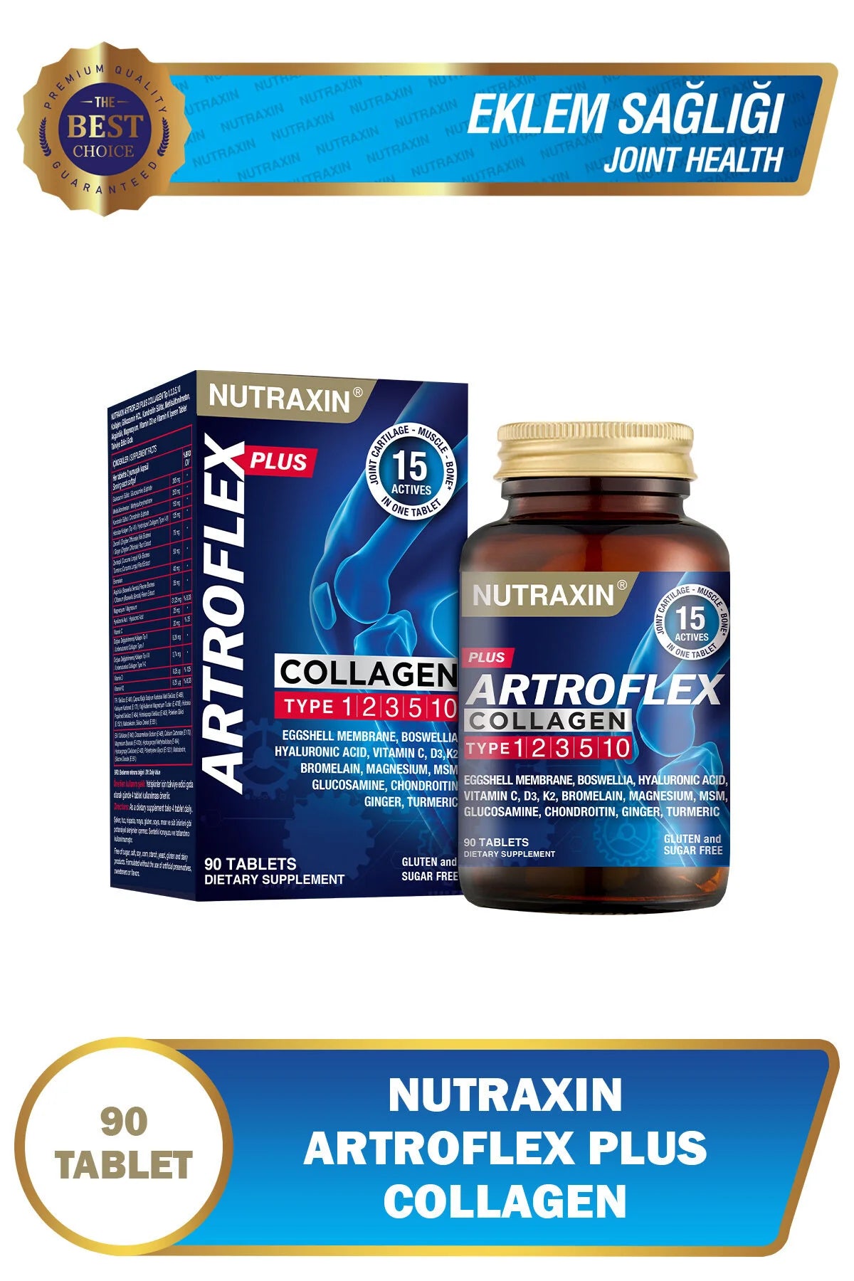 Nutraxin Artroflex Plus Collagen – Collageen Type 1, 2, 3, 5 & 10 – Glucosamine, Chondroïtine, MSM, Hyaluronzuur, Vitamine C, D3 & K2 – 90 Tabletten