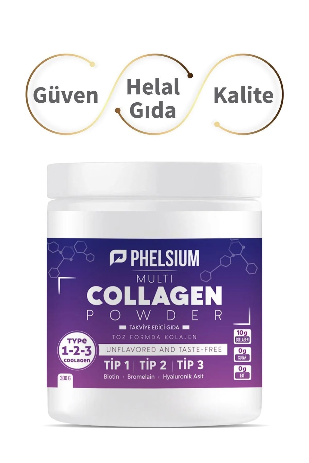 Phelsium Multi Collagen Poeder Type 1 2 3 met Hyaluronzuur, Biotine en Bromelaïne - Smaakloos - 300 g