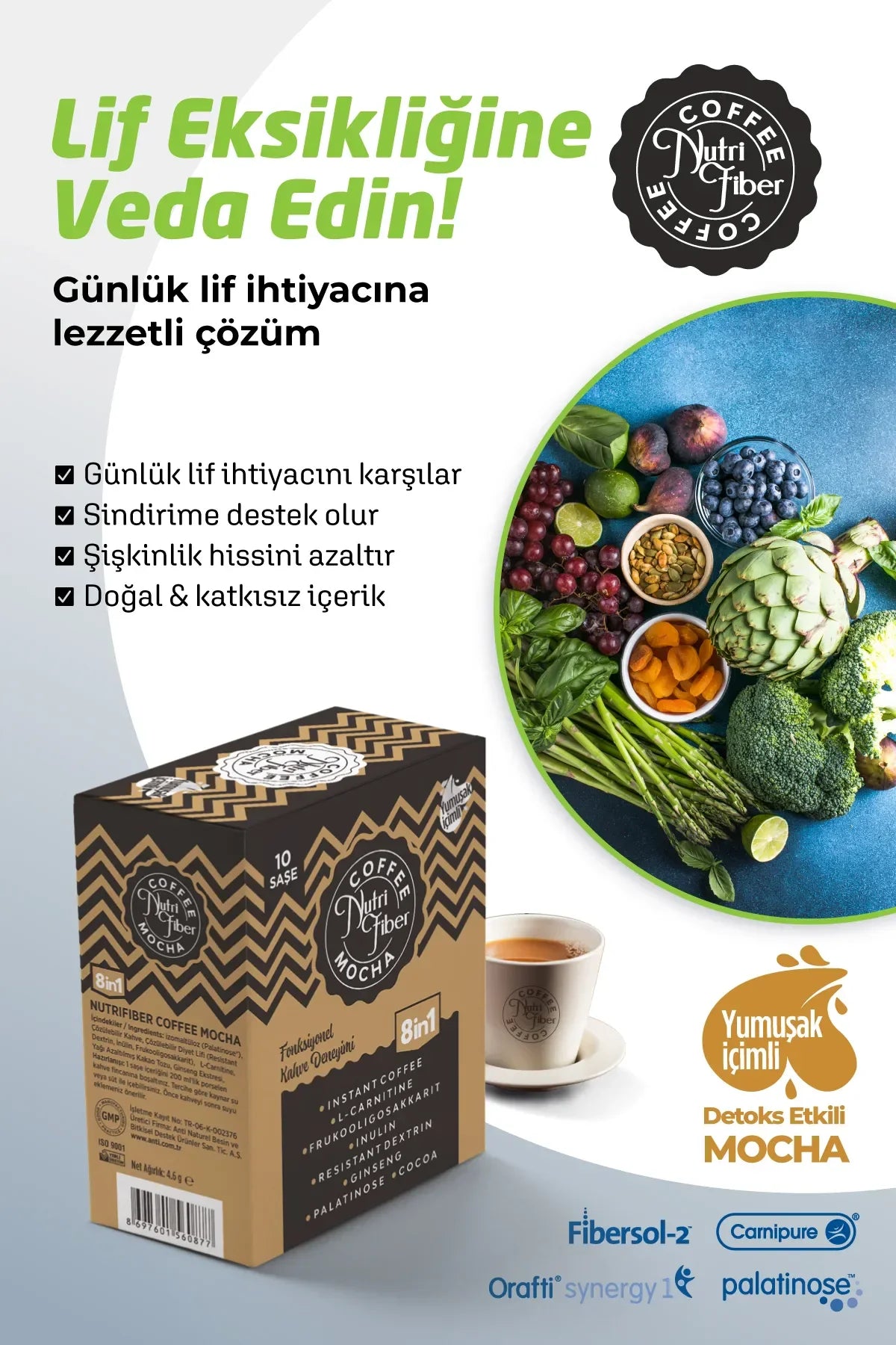 Nutrifiber® Koffie Mocha 8 in 1 Detox Koffie - Cichorei Instant Koffie - Dagelijkse verzelbenodigheid - Probiotische Effect - Vetbverbranding - Inuline - L-carnitine - Dieet - Ginseng - Cacao - 10 stuks