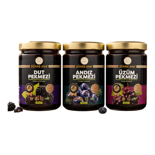 Zühre Ana Melasse Set 3 Stuks - Moerbeimelasse (Dut Pekmezi), Jeneverbesmelasse (Andız Pekmezi) en Druivenmelasse (Üzüm Pekmezi) - 3 x 400 g - 100% Natuurlijk - Zonder Toegevoegde Suikers