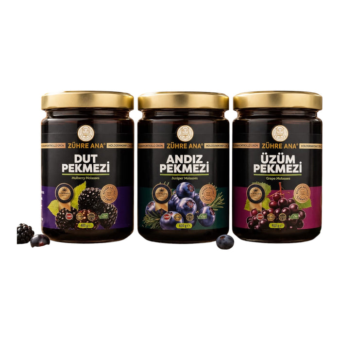 Zühre Ana Melasse Set 3 Stuks - Moerbeimelasse (Dut Pekmezi), Jeneverbesmelasse (Andız Pekmezi) en Druivenmelasse (Üzüm Pekmezi) - 3 x 400 g - 100% Natuurlijk - Zonder Toegevoegde Suikers