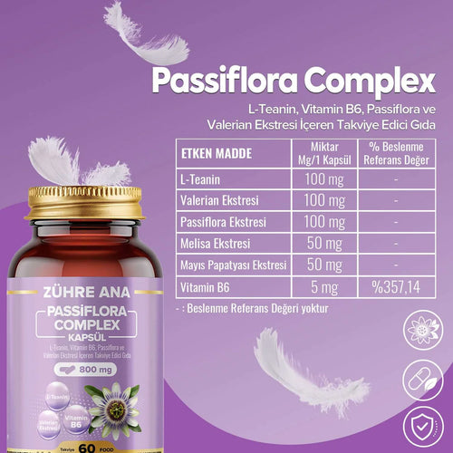 Zühre Ana Passiflora Complex 60 Capsules | L-Theanine, Valeriaan en Vitamine B6 | Voedingssupplement