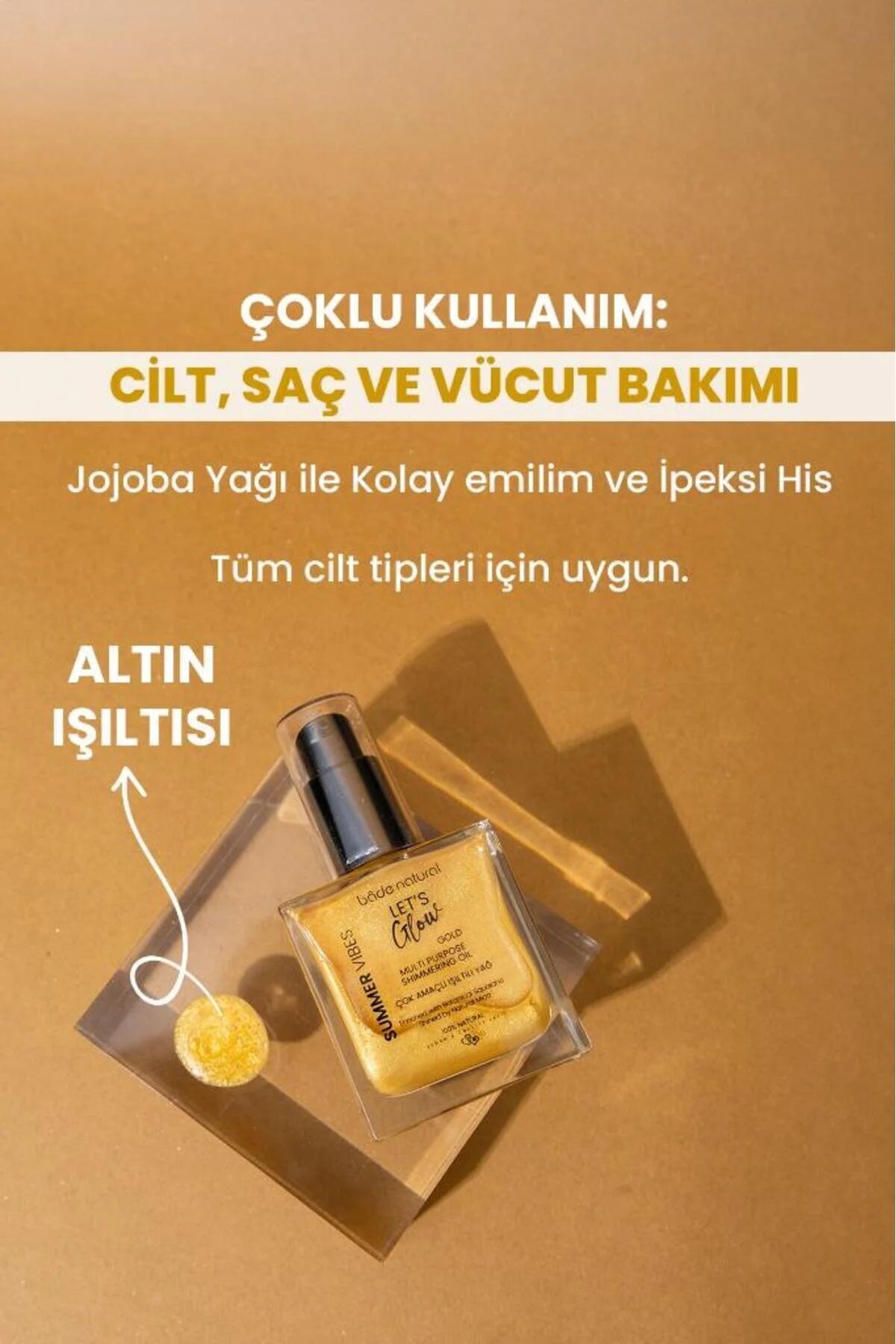 Bade Natural Let's Glow Gold Shimmering Oil 50 ml | Multi Purpose Body, Face & Hair Oil | Met Squalaan & Natuurlijke Mica