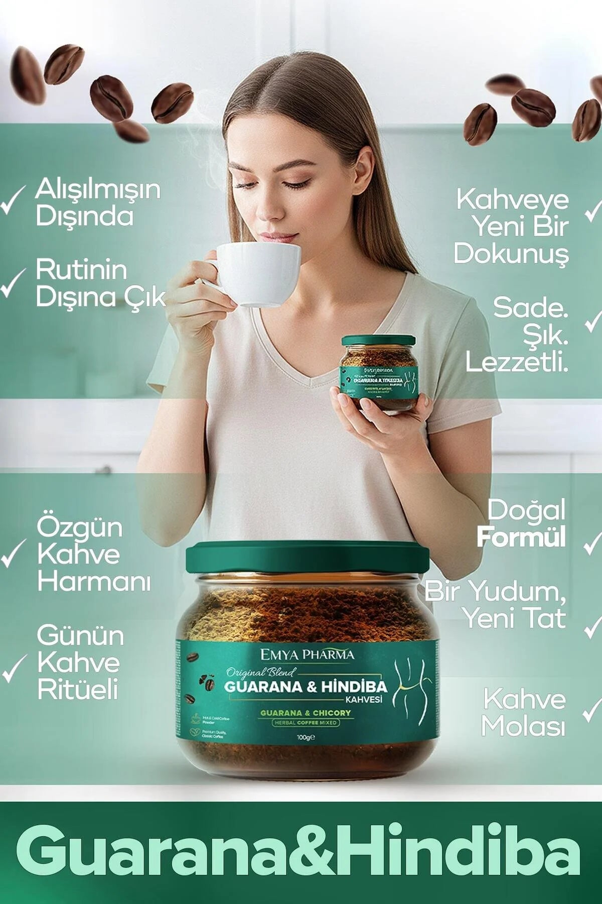 Emya Pharma Guarana & Hindiba Kahvesi – Cichoreikoffie met Guarana, Inuline & Groene Thee Extract – Instant Kruidenkoffie – 100 g