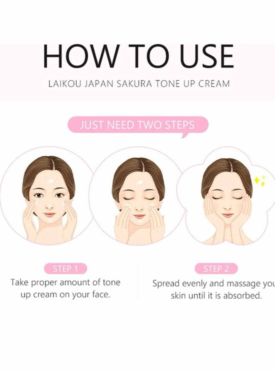 Laikou - Japan Sakura Tone Up Cream - Hydrateert huid - Verzacht droge huid - Bedekt donkere kringen - Grote poriën - Acne-littekens & Doffe huid - Niacinamide - Vitamine C - Centella Asiatica extract - Voor alle huidtypen - 30 g