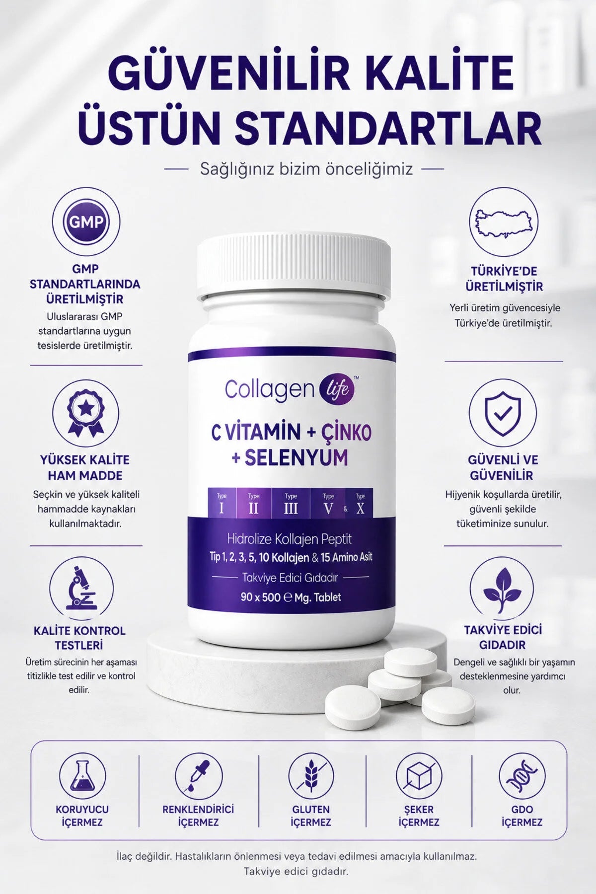 Collagen Life Hydrolyzed Collagen Type I, II, III, V & X met Vitamine C, Zink en Selenium - 90 Tabletten