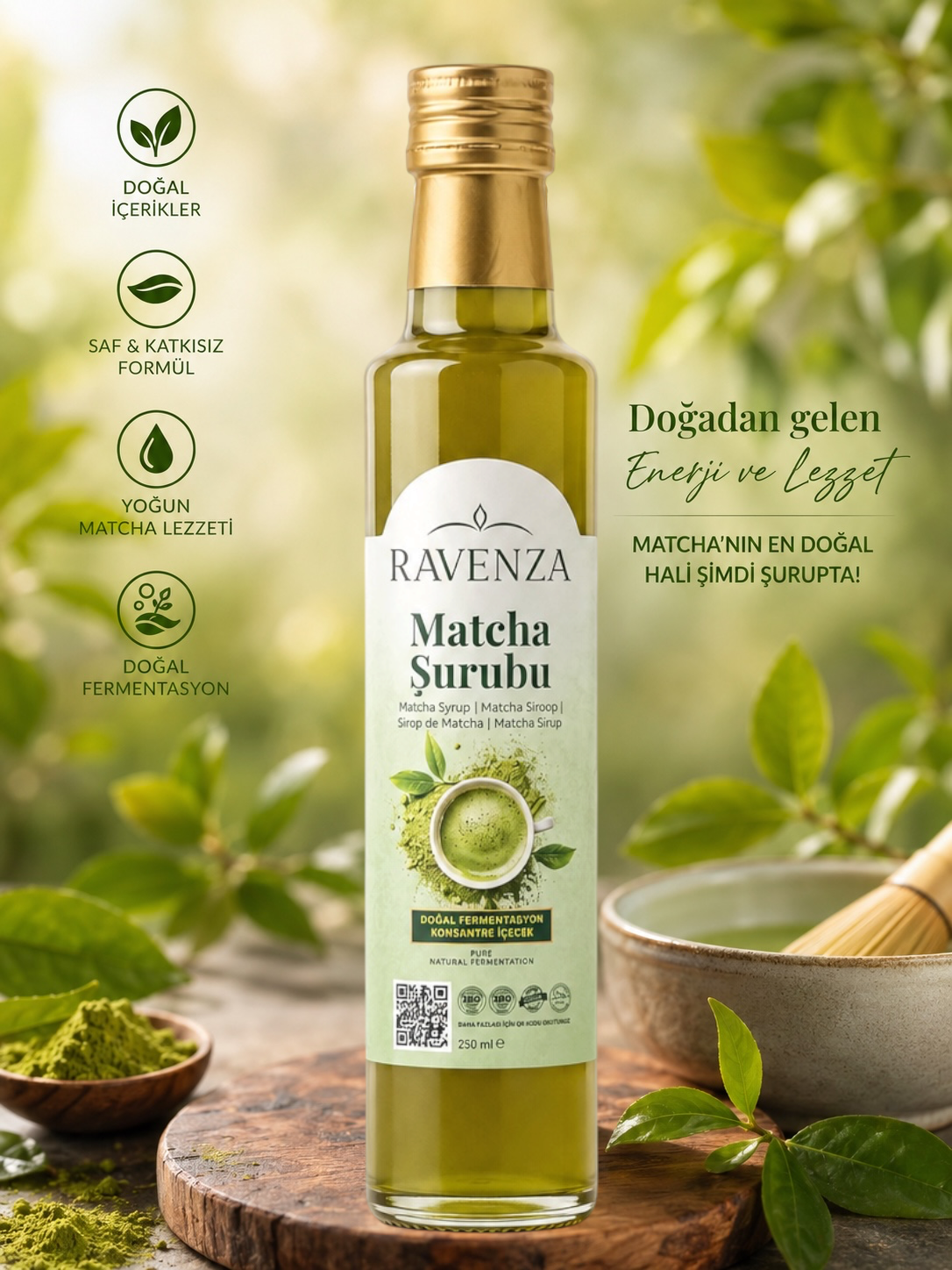 Ravenza Matcha Siroop – Gefermenteerde Matcha Drankconcentraat met Groene Thee-Extract, Dadelconcentraat & L-Carnitine – 250 ml