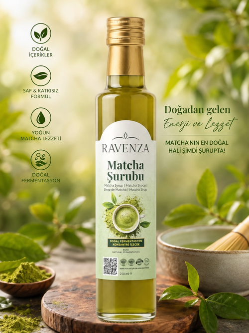 Ravenza Matcha Siroop – Gefermenteerde Matcha Drankconcentraat met Groene Thee-Extract, Dadelconcentraat & L-Carnitine – 250 ml