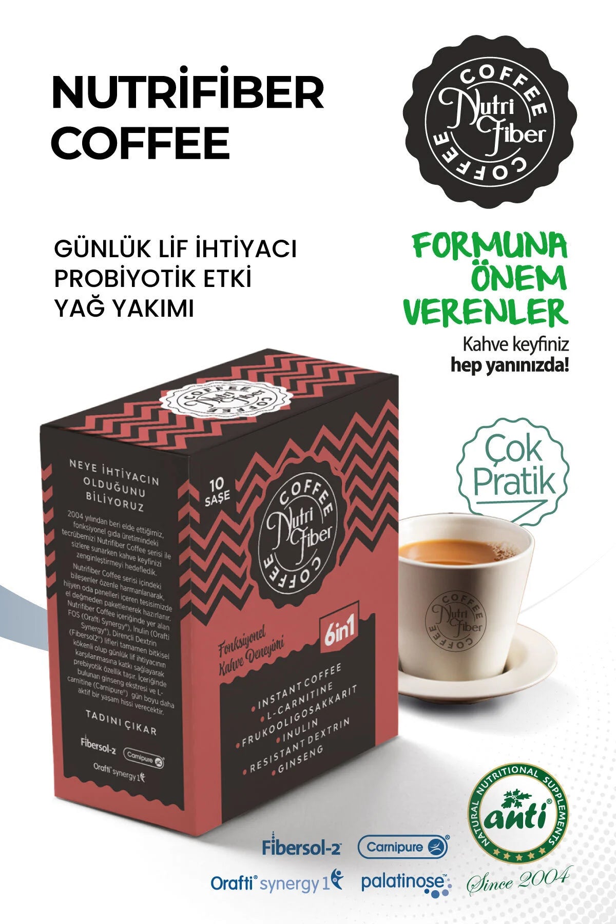 Nutrifiber® Coffee 6 in 1 Detox Koffie - Instant Koffie met Vezels / Inuline / L-Carnitine & Ginseng - Probiotische Effect - 10 Sachets - Warm & Koud te Bereiden