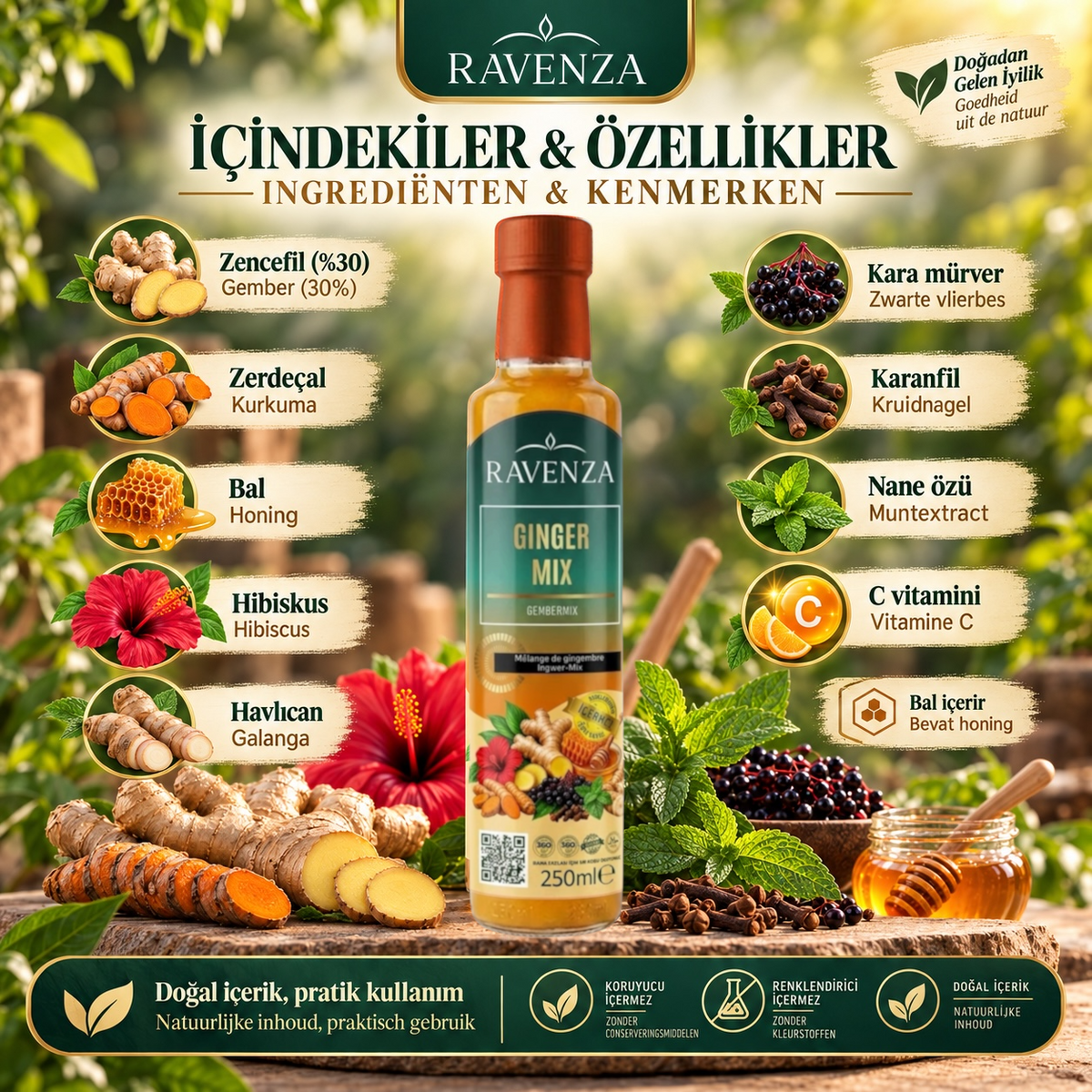 Ravenza Ginger Mix – Gembermix met 30% Gember, Kurkuma, Honing, Hibiscus & Vitamine C – 250 ml