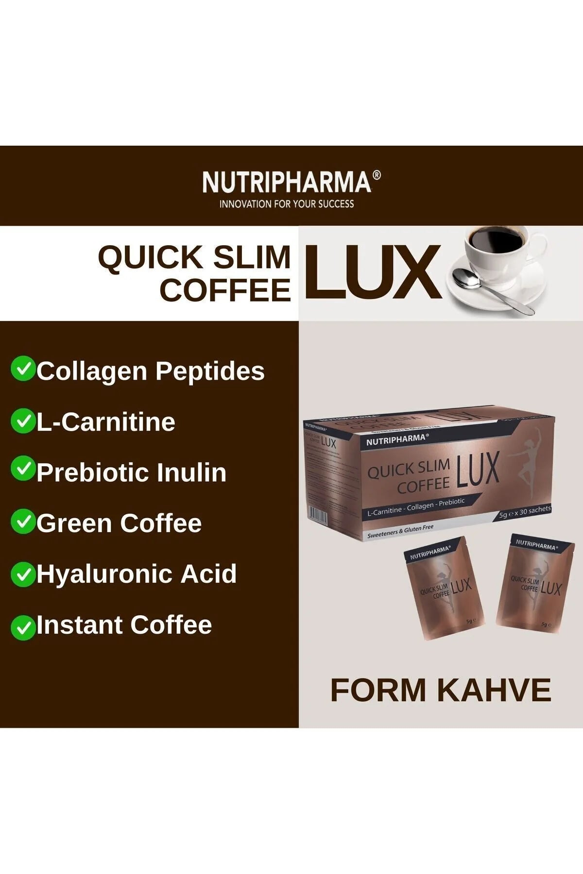 Nutripharma Slimlux Coffee Collageen Koffie met Inuline, L-Carnitine & Groene Koffie Extract - 30 Sachets x 5 g - Glutenvrij