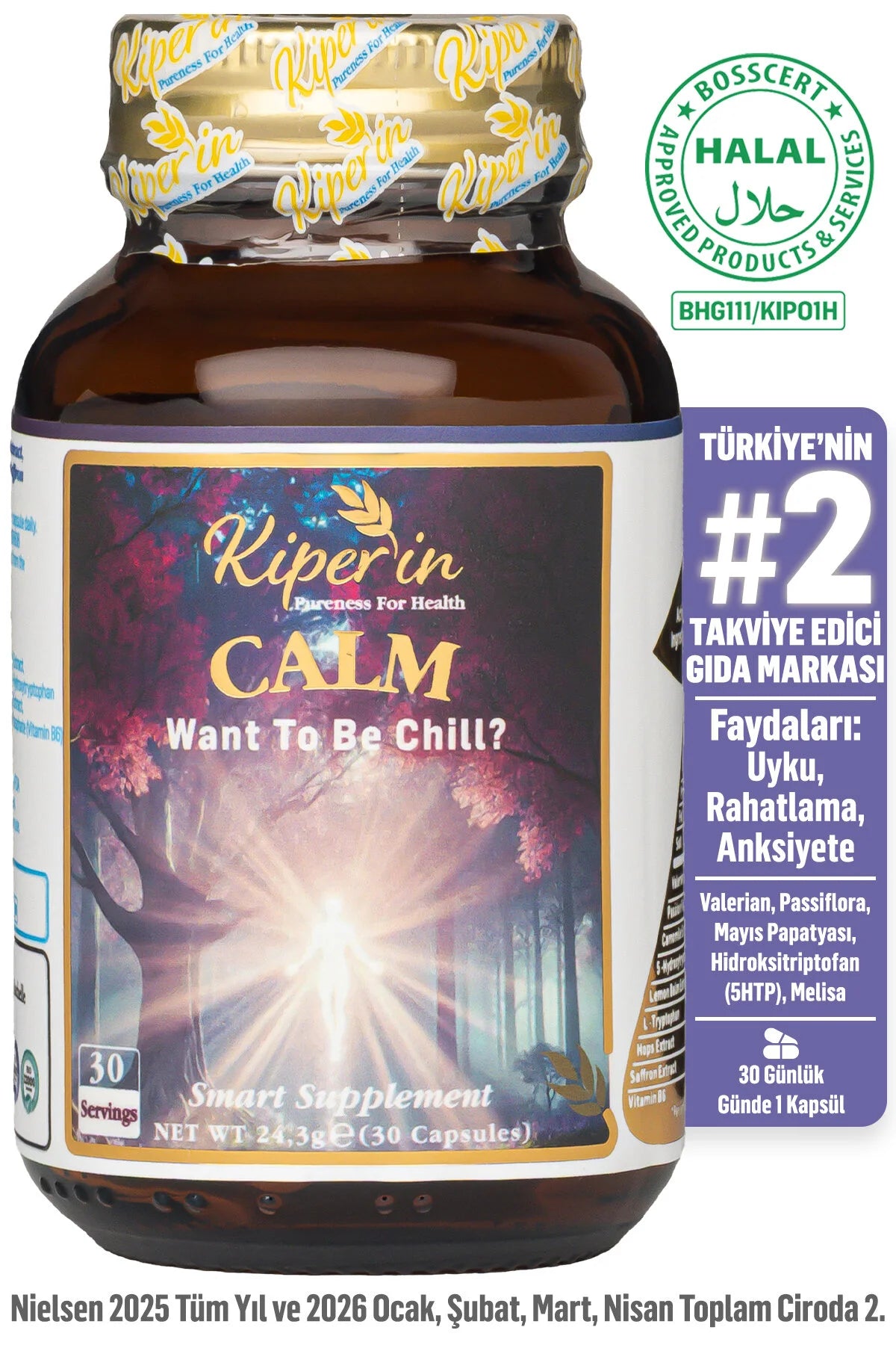 Kiperin Calm 30 Capsules | Valerian, Passiflora, 5-HTP & L-Tryptophan | Met Melissa, Kamille en Saffraan Extract
